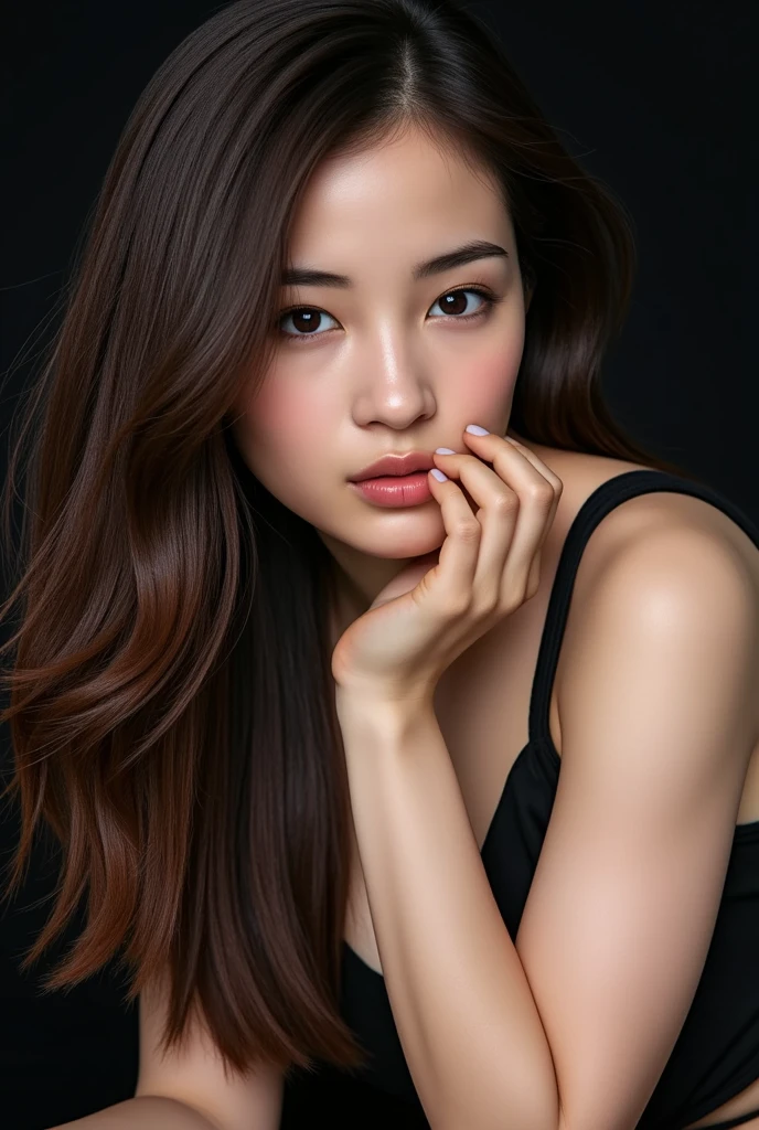 Create an icon featuring a seductive woman with a provocative expression. The woman should be placing her left hand on her cheek, looking at the viewer with a teasing and alluring gaze. Her appearance should be elegant and sensual, with well-defined facial features and a confident posture. Use a color palette that emphasizes her sensuality, such as deep reds, blacks, and soft highlights. The background can be simple to keep the focus on her expression and pose. The overall atmosphere should convey a sense of mystery and allure.