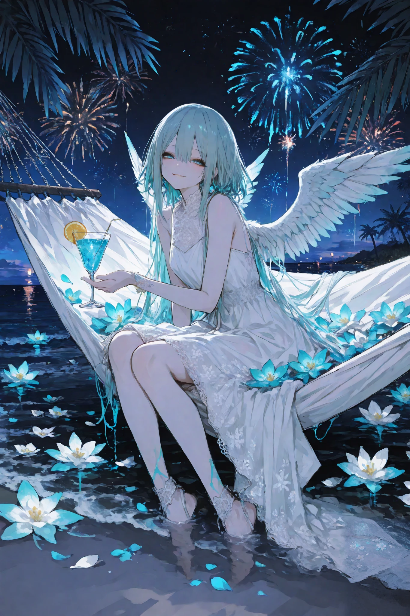 masterpiece, best quality, ultra-detailed,r17329_illu,usnr,dark gothic, a graceful Cute girl with angelic wings lounging on a hammock, her elegant white dress adorned with lace and floral accents, she holds a delicate cocktail glass in her hand, the drink is vibrant, filled with colorful flowers and a glowing blue liquid, her expression is serene yet playful, a subtle smile gracing her lips, as she glances off to the side, her wings are partially open, showcasing their soft feathers that reflect the gentle moonlight, the background is a tropical night scene, palm fronds sway gently around her, while vivid, crystal blooming flowers frame the hammock, in the distance, fireworks burst in vibrant colors, casting a warm glow across the ocean waves, the sky is dark but filled with stars, adding a sense of romance and enchantment to the scene, her posture is relaxed and inviting, as if she is enjoying a peaceful evening, the combination of the serene environment and her graceful demeanor gives the image a dreamlike, idyllic feeling, the gentle breeze causes the hem of her dress to flutter, and petals seem to float around her, enhancing the sense of tranquility and charm, the overall atmosphere is a mix of elegance, relaxation, and a hint of celebration, as if she is enjoying a perfect tropical night under the stars.