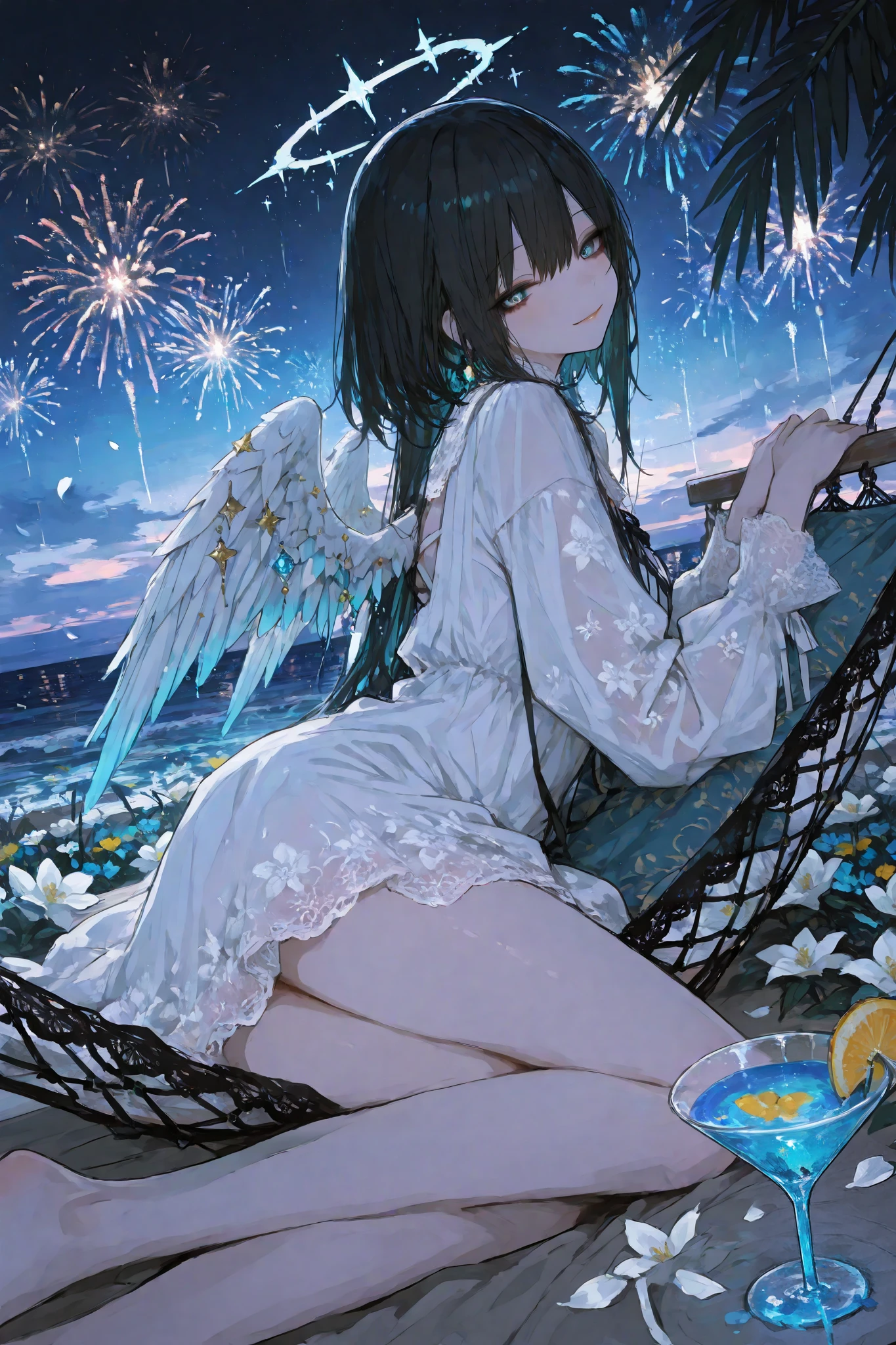 masterpiece, best quality, ultra-detailed,r17329_illu,usnr,dark gothic, a graceful Cute girl with angelic wings lounging on a hammock, her elegant white dress adorned with lace and floral accents, she holds a delicate cocktail glass in her hand, the drink is vibrant, filled with colorful flowers and a glowing blue liquid, her expression is serene yet playful, a subtle smile gracing her lips, as she glances off to the side, her wings are partially open, showcasing their soft feathers that reflect the gentle moonlight, the background is a tropical night scene, palm fronds sway gently around her, while vivid, crystal blooming flowers frame the hammock, in the distance, fireworks burst in vibrant colors, casting a warm glow across the ocean waves, the sky is dark but filled with stars, adding a sense of romance and enchantment to the scene, her posture is relaxed and inviting, as if she is enjoying a peaceful evening, the combination of the serene environment and her graceful demeanor gives the image a dreamlike, idyllic feeling, the gentle breeze causes the hem of her dress to flutter, and petals seem to float around her, enhancing the sense of tranquility and charm, the overall atmosphere is a mix of elegance, relaxation, and a hint of celebration, as if she is enjoying a perfect tropical night under the stars.