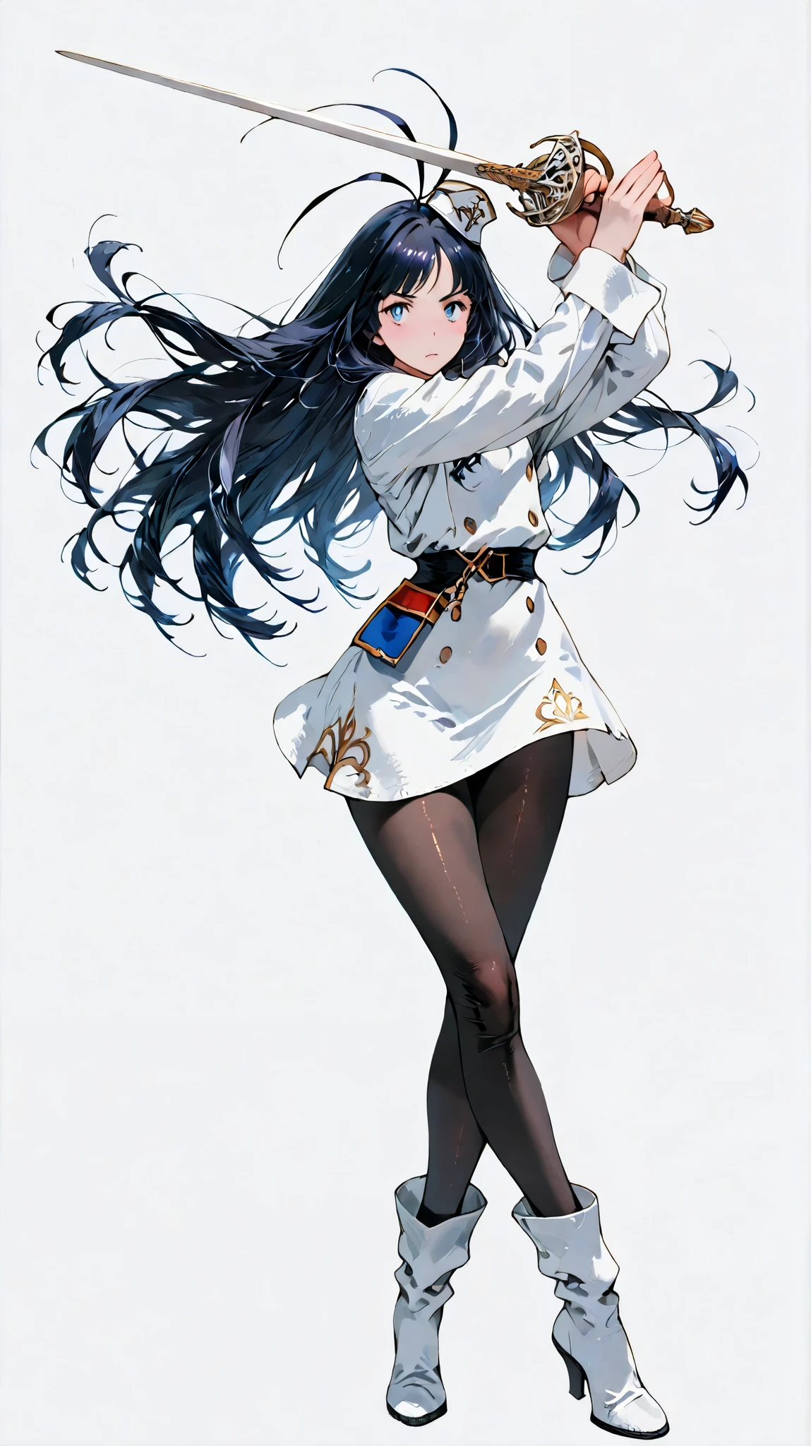 ，giselle_gewelle , androgynous,  1girl , long hair, black hair, antenna hair, blue eyes,pantyhose, mini hat, long sleeves, white uniform, white boots,Dynamic Pose,  Fighting posture  , dynamic angle,（ holding sword rapier , stands，full body，heels，front view，Standing picture，white background:1.7)， dynamic angle,very beautiful,  HD, Amazing Quality, masterpiece,  Best Quality, very beautiful, high-resolution, 超high-resolution