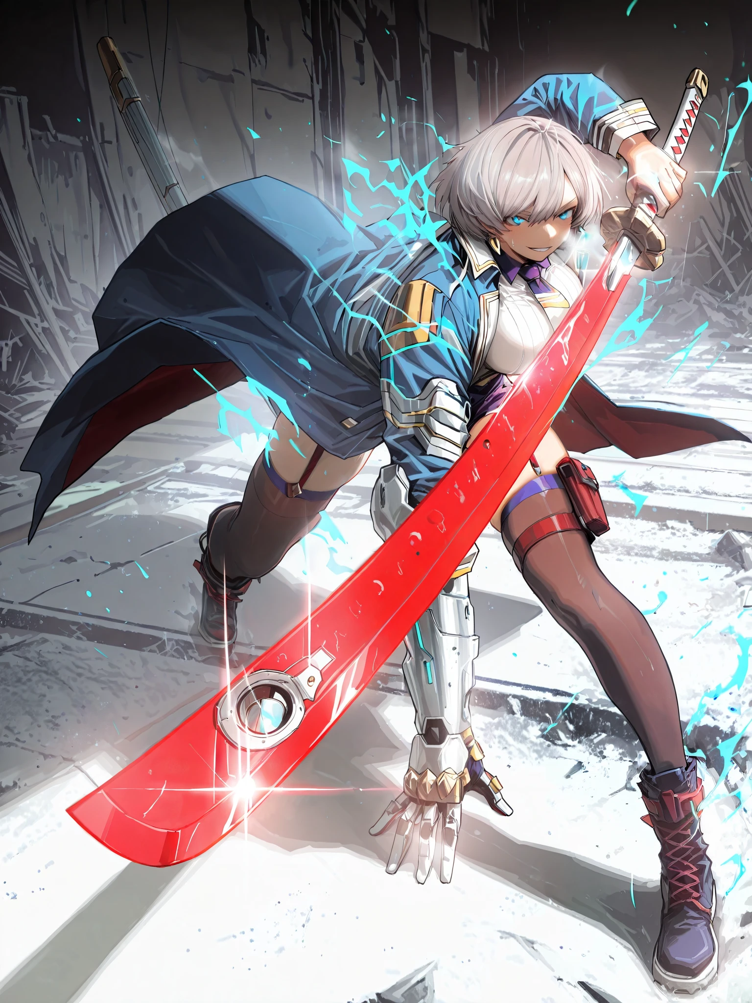 (No-kan-style:1.4), (Gogalking-style:1.2), (Kohei Horikoshi, My Hero Academia), masterpiece, high quality, absurdres, best quality, very aesthetic, newest, dramatic light, chiaroscuro technically, contrasting color, dynamic composition, anatomical correct, HD, 4K, digital art, trending on ArtStation, gasping, heavy breathing, excessive sweating, sweating, sweating profusely, gasping profusely, cinematic, ((skindentation)), ((voluptuous)), Mujina,short hair,grey hair,blue eyes,large breasts,adult,mature_female, bright pupils, (aura), (blue aura:1.2), 1girl, weapon, solo, sword, thighhighs, fighting_stance, holding, holding_weapon, sheath, coat, boots, holding_sword, looking_at_viewer, mechanical_arms, jewelry, shorts, single_mechanical_arm, earrings, katana, piercing, black_thighhighs, glint, garter_straps, ear_piercing, jacket, blue_coat, holster, smirk, shaded face, eyes trail, glowing eyes, abandoned building