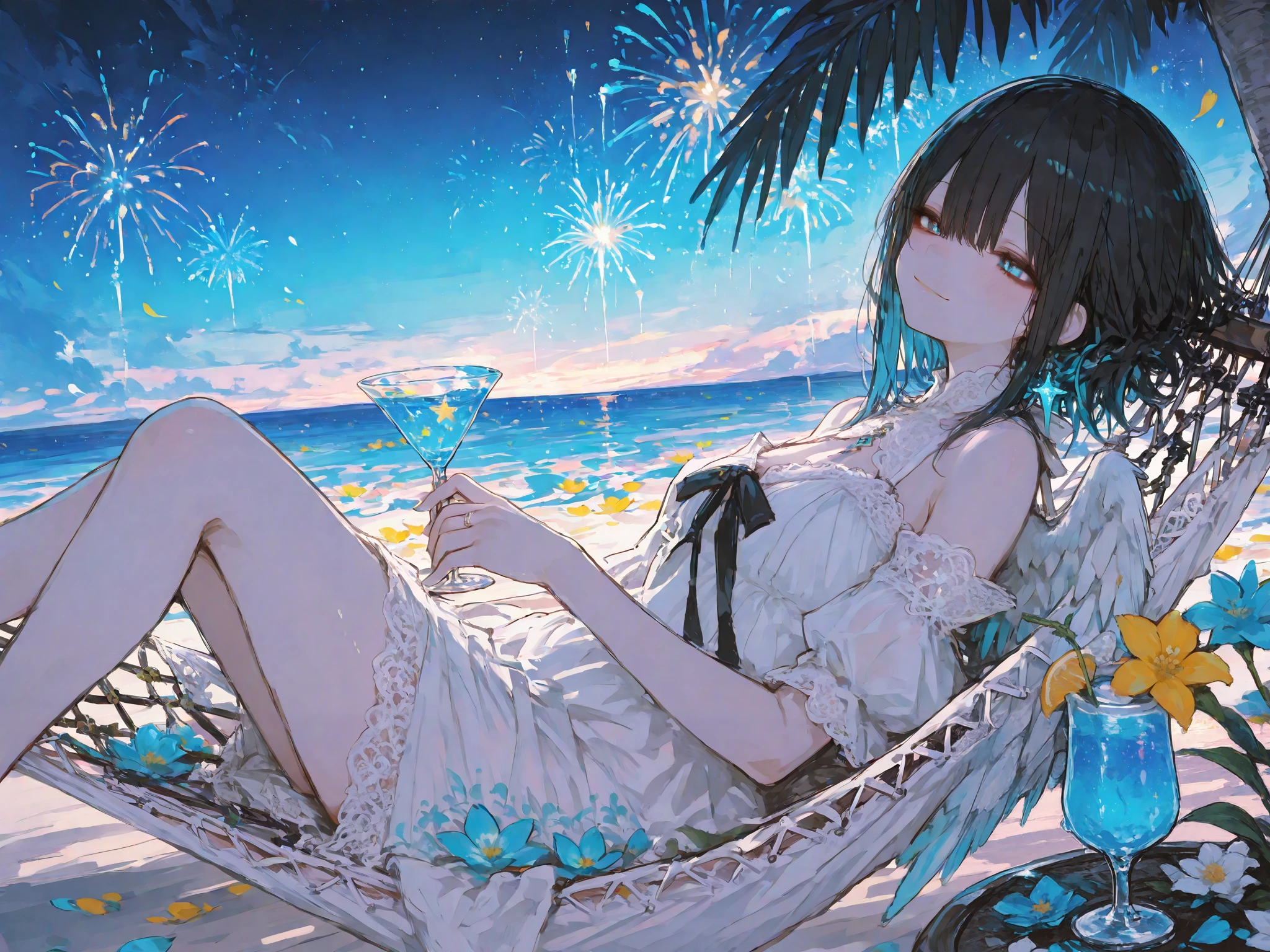 masterpiece, best quality, ultra-detailed,r17329_illu,usnr,dark gothic, a graceful Cute girl with angelic wings lounging on a hammock, her elegant white dress adorned with lace and floral accents, she holds a delicate cocktail glass in her hand, the drink is vibrant, filled with colorful flowers and a glowing blue liquid, her expression is serene yet playful, a subtle smile gracing her lips, as she glances off to the side, her wings are partially open, showcasing their soft feathers that reflect the gentle moonlight, the background is a tropical night scene, palm fronds sway gently around her, while vivid, blooming flowers frame the hammock, in the distance, fireworks burst in vibrant colors, casting a warm glow across the ocean waves, the sky is dark but filled with stars, adding a sense of romance and enchantment to the scene, her posture is relaxed and inviting, as if she is enjoying a peaceful evening, the combination of the serene environment and her graceful demeanor gives the image a dreamlike, idyllic feeling, the gentle breeze causes the hem of her dress to flutter, and petals seem to float around her, enhancing the sense of tranquility and charm, the overall atmosphere is a mix of elegance, relaxation, and a hint of celebration, as if she is enjoying a perfect tropical night under the stars.