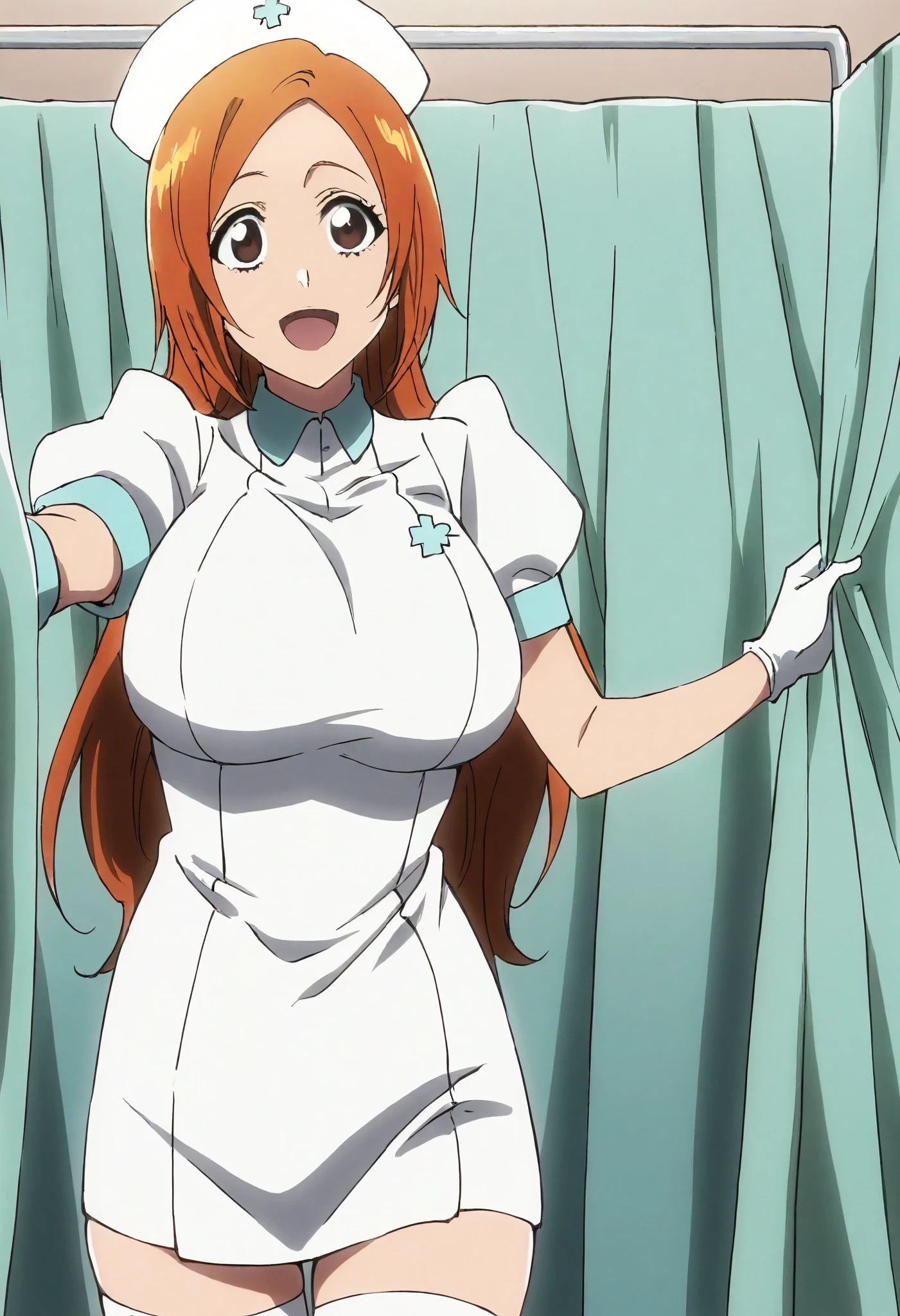 Score_9, score_8_up, score_7_up, source_anime, inoue orihime, solo, orange hair, long hair, brown eyes, large breasts, (best quality), (high quality), {masterpiece}, extremely delicate and beautiful, ultra-detailed, beautiful detailed eyes, nurse, nurse hat, ((white nurse's outfit)), white gloves, white thighhighs, hospital room, smile, open mouth, standing