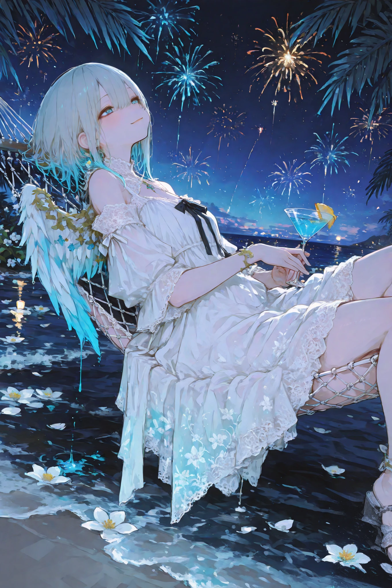 masterpiece, best quality, ultra-detailed,r17329_illu,usnr,dark gothic, a graceful Cute girl with angelic wings lounging on a hammock, her elegant white dress adorned with lace and floral accents, she holds a delicate cocktail glass in her hand, the drink is vibrant, filled with colorful flowers and a glowing blue liquid, her expression is serene yet playful, a subtle smile gracing her lips, as she glances off to the side, her wings are partially open, showcasing their soft feathers that reflect the gentle moonlight, the background is a tropical night scene, palm fronds sway gently around her, while vivid, blooming flowers frame the hammock, in the distance, fireworks burst in vibrant colors, casting a warm glow across the ocean waves, the sky is dark but filled with stars, adding a sense of romance and enchantment to the scene, her posture is relaxed and inviting, as if she is enjoying a peaceful evening, the combination of the serene environment and her graceful demeanor gives the image a dreamlike, idyllic feeling, the gentle breeze causes the hem of her dress to flutter, and petals seem to float around her, enhancing the sense of tranquility and charm, the overall atmosphere is a mix of elegance, relaxation, and a hint of celebration, as if she is enjoying a perfect tropical night under the stars.