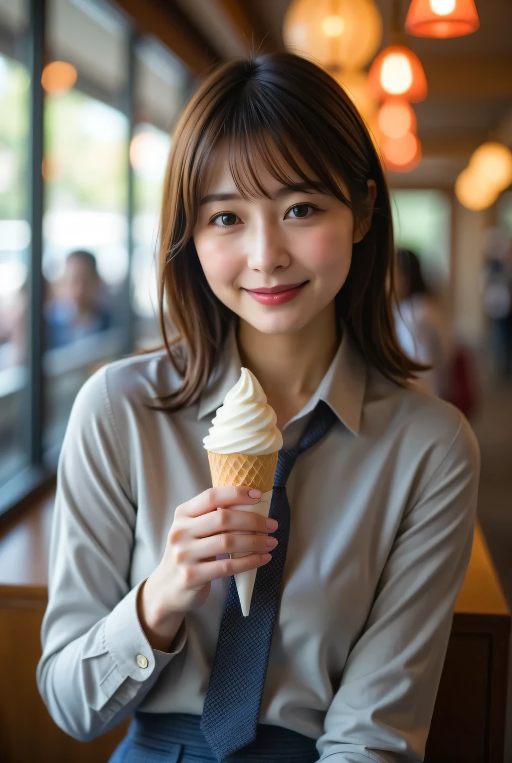 perfect configuration, proper placement in office clothes, golden ratio, masterpiece, TOP QUALITY, nothing , Japanese woman alone, Beautiful Japanese Woman with Neon Lights in the Background , at a famous chain cafe , She has a soft serve ice cream :1.331, anatomically correct 5 fingers , Prestigious urban high school uniform , gray dress shirt :1.21, Line pattern tie:1.21, navy check pleated mini skirt is in contemporary art gallery:1.21, anatomically correct proportions :1.331, have small heads :1.331, slim body:1.331, thin waist:1.331, thin hands and feet:1.331, flat chest:1.331, brown hair, straight hair , uneasy expression, Movie Lighting,