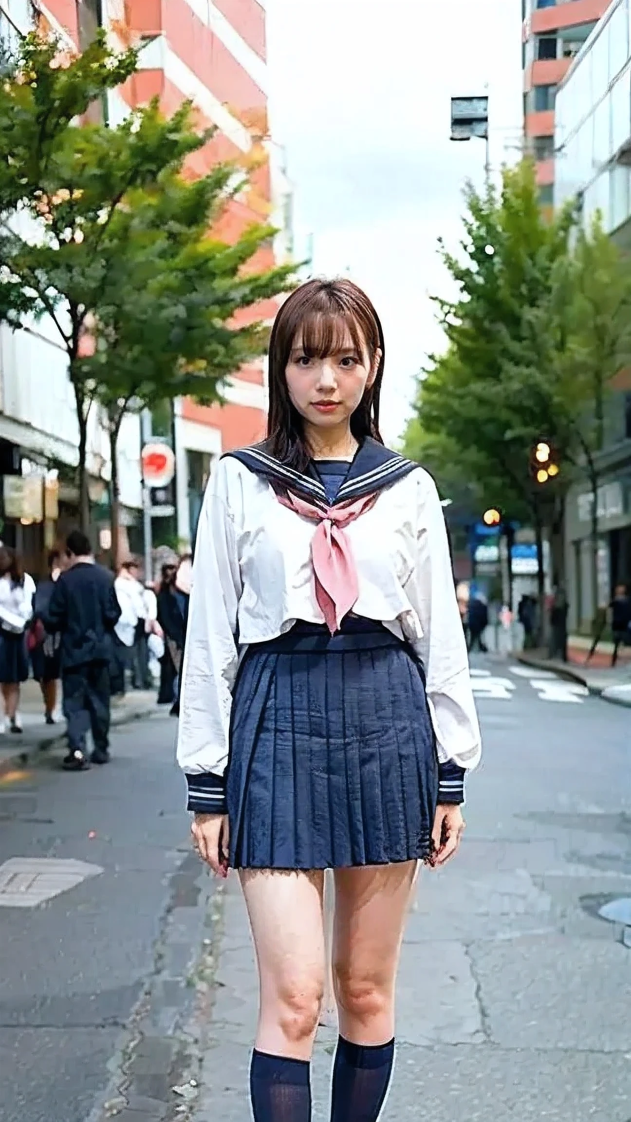 A confident young woman, short black hair, standing on a rooftop, (head-on view, upper-body shot, centered composition), wide-angle shot, cityscape with glowing neon lights in the background, ultra-detailed, cinematic lighting, spotlight, soft shadows, 8k resolution BREAK (Japanese sailor uniform1:4, pleated skirt:1.4, high socks, leather shoes), sailor_uniform