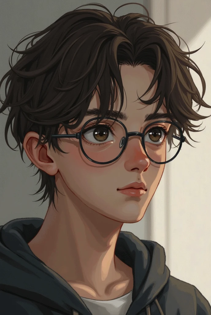 -yeld boith dark eyes, medium height brown hair, He wears glasses and his hair is always disheveled