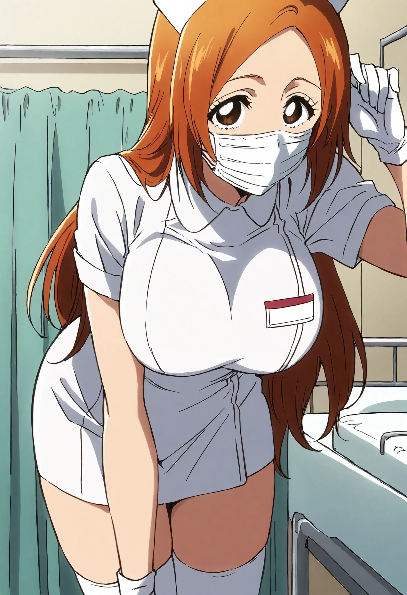 Score_9, score_8_up, score_7_up, source_anime, inoue orihime, solo, orange hair, long hair, brown eyes, large breasts, (best quality), (high quality), {masterpiece}, extremely delicate and beautiful, ultra-detailed, beautiful detailed eyes, nurse, nurse hat, ((white nurse's outfit)), white gloves, white thighhighs, hospital room, ((white surgical mask, covered nose)), standing