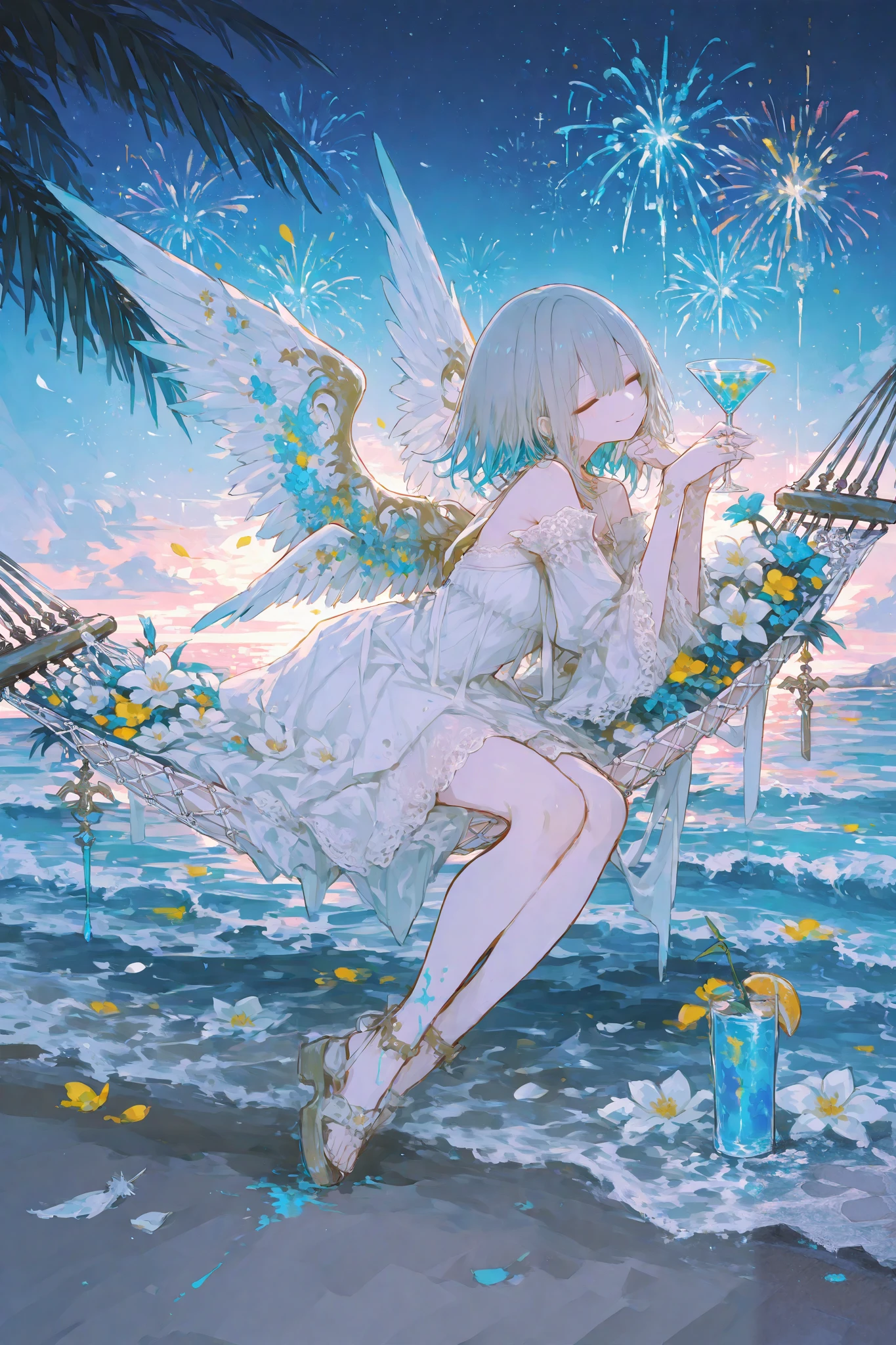 masterpiece, best quality, ultra-detailed, a graceful woman with angelic wings lounging on a hammock, her elegant white dress adorned with lace and floral accents, she holds a delicate cocktail glass in her hand, the drink is vibrant, filled with colorful flowers and a glowing blue liquid, her expression is serene yet playful, a subtle smile gracing her lips, as she glances off to the side, her wings are partially open, showcasing their soft feathers that reflect the gentle moonlight, the background is a tropical night scene, palm fronds sway gently around her, while vivid, blooming flowers frame the hammock, in the distance, fireworks burst in vibrant colors, casting a warm glow across the ocean waves, the sky is dark but filled with stars, adding a sense of romance and enchantment to the scene, her posture is relaxed and inviting, as if she is enjoying a peaceful evening, the combination of the serene environment and her graceful demeanor gives the image a dreamlike, idyllic feeling, the gentle breeze causes the hem of her dress to flutter, and petals seem to float around her, enhancing the sense of tranquility and charm, the overall atmosphere is a mix of elegance, relaxation, and a hint of celebration, as if she is enjoying a perfect tropical night under the stars.