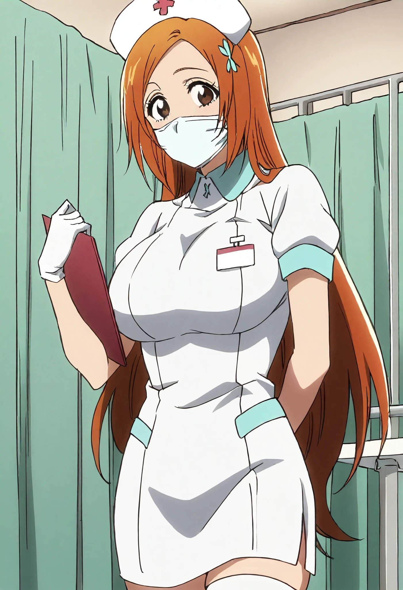 Score_9, score_8_up, score_7_up, source_anime, inoue orihime, solo, orange hair, long hair, brown eyes, large breasts, (best quality), (high quality), {masterpiece}, extremely delicate and beautiful, ultra-detailed, beautiful detailed eyes, nurse, nurse hat, ((white nurse's outfit)), white gloves, white thighhighs, hospital room, ((white surgical mask, covered nose)), standing