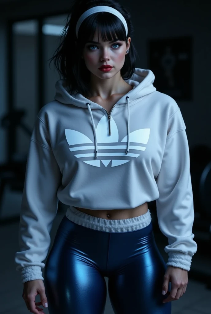 Full body sensual photo, medium breasts with cleavage, Russian, blond, shoulder-length hair, clear eyes, wearing white gym leggings and white and pink Nike shox NZ. She is wearing a shirt that shows her stomach and a belly button piercing..