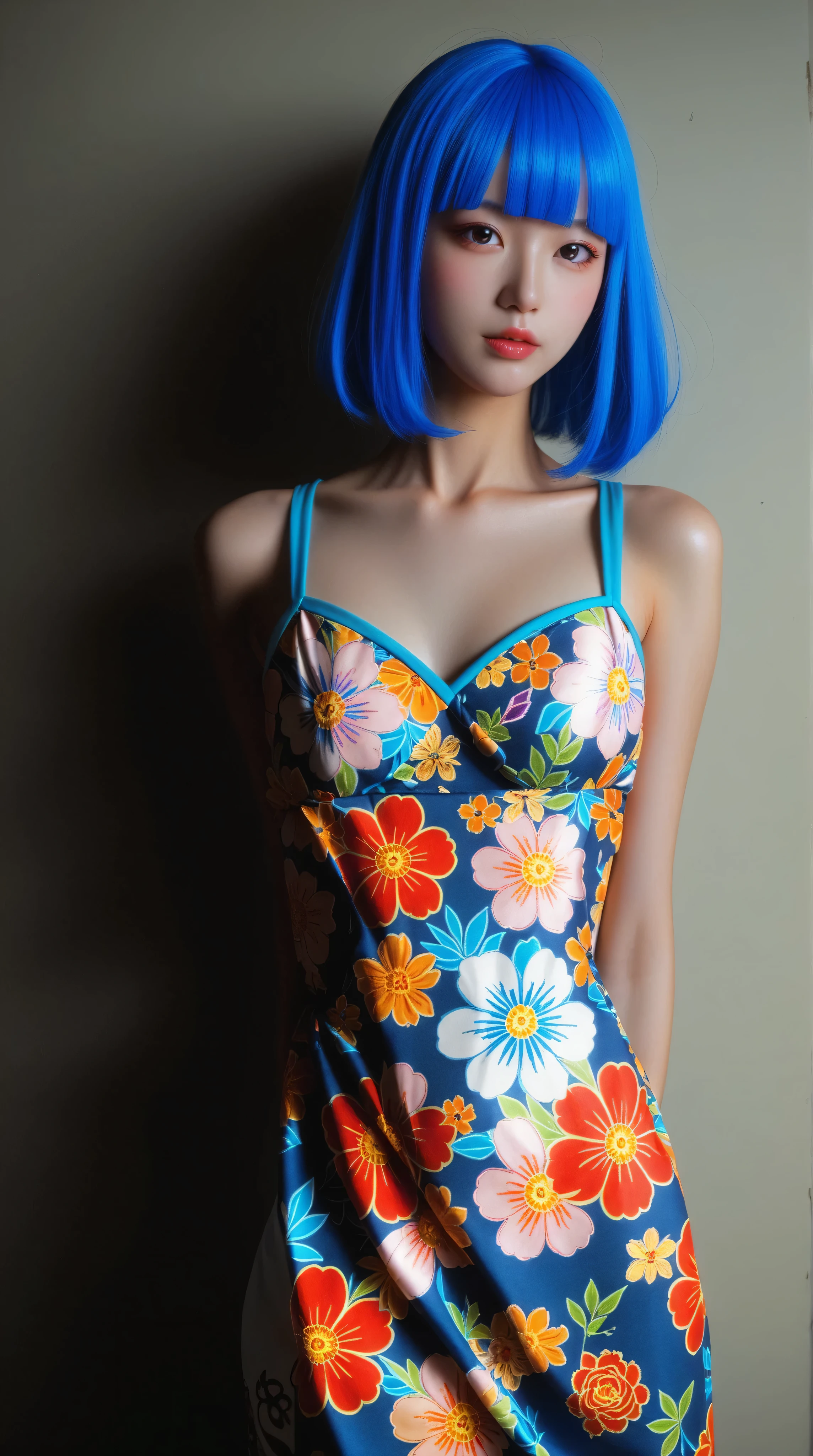 style retro classic, master piece:1.5、(minimal art, line drawing), illustrated anime, upper body, eye focus, (eyes looking off to the side), shiny skin, cartoonish character design。1 girl, alone,big eyes,Cute expression,1 bun,yellow loose sweater,hand,avatar,portrait,interesting,clean lines, shiny skin, (eyes looking off to side), Highly detailed, Amazing work,Vitreous luster, blues, purples, pinks, Best quality at best,shiny skin, no background, colorful background, blue background, pink background, purple background, plunging neckline, heavy blushing, huge breasts, She has pastel blue hair with blunt bangs, red eyes, and wears a vibrant pink and teal pastel colored outfit adorned with intricate floral patterns. Freckles dot her smooth, warm complexion, and bold, colorful tattoos cover her arms and legs. The tattoos feature traditional Japanese motifs like flowers and mythical creatures, rendered with meticulous detail in a pastel color palette. The background is a vintage floral-patterned wallpaper that complements the artwork's colors. The line work is precise, The artwork fuses modern illustration techniques with traditional Japanese aesthetics, resulting in a visually striking, portrait, hyper breasts, cleavage, shiny skin, (low lighting), (neon atmosphere), light background, upper body, eye focus, ulzzang,