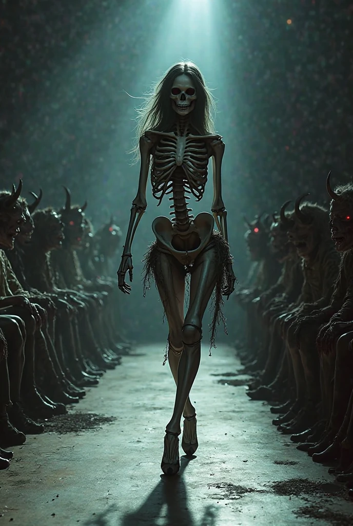 A full body of a naked red-haired tanned beautiful woman, dressed in light clothes, surrounded by a horrible dream world with naked ghosts, skelets, and ghouls. 8K, realistic photo, masterpiece