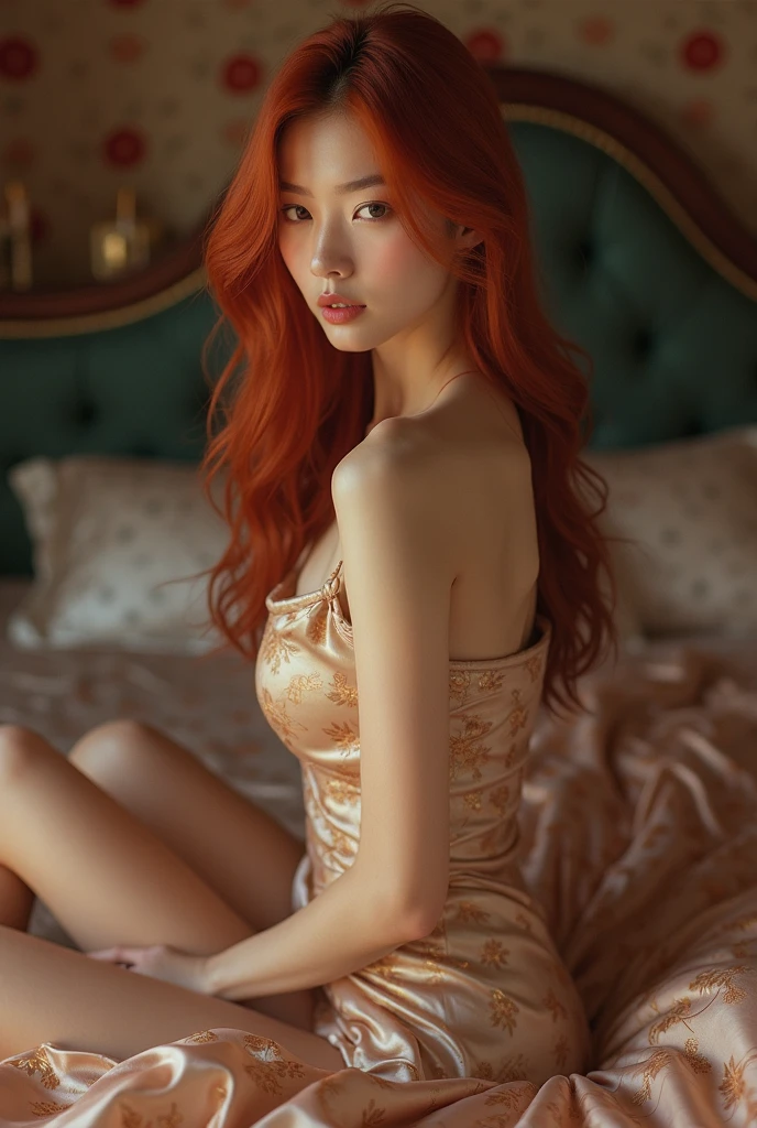 ((masterpiece, highest quality, Highest image quality, High resolution, photorealistic, Raw photo, 8K)), (full body shot:1) photorealistic image of a (sitting pose:1) ultrarealistic, photography, long red hair, woman, , hourglass figure, perfect body, seductive look, natural medium breasts, (Masterpiece, Professional lighting, 16k, 8k wallpaper, raw photo, photorealistic:1.8, ultra detailed, natural gentle lighting, detailed skin, detailed face, detailed eyes, textured skins, cinematic composition, detailed background:1.2 ), BIBC, (extremely beautiful face, cute face, attractive feminine body, sexual expression), black mini skirt and stockings leaning over a bed, a hyperrealistic schoolgirl, cute schoolgirl, high school uniform, sat on her bed, wearing school uniform, mini skirt, wearing school uniform, on a bed, epic natural light