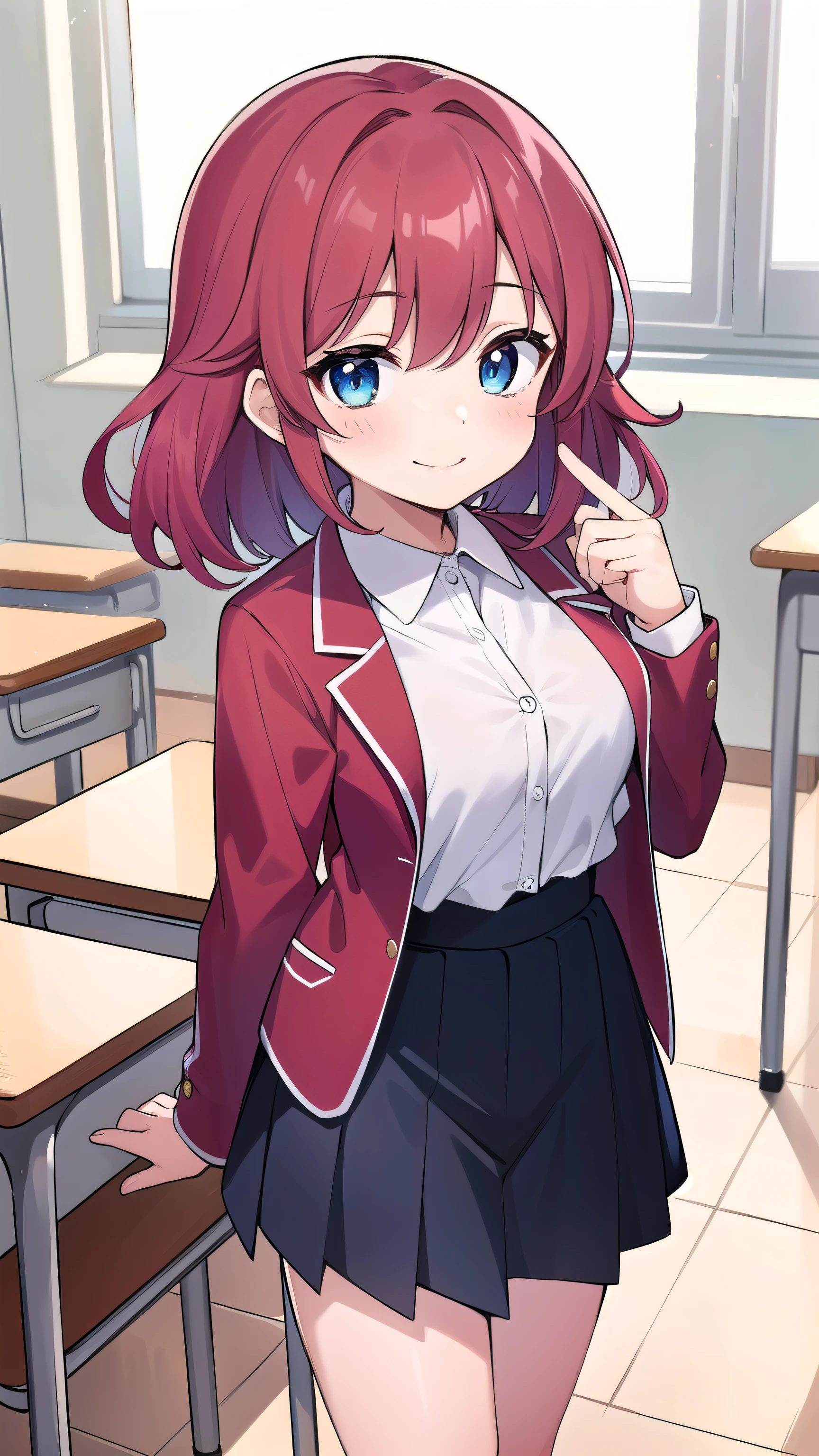 Big breasts, red hair, blue eyes, droopy eyes, red jacket, long sleeves, navy skirt, elementary school student, super big breasts, (medium hair: 1.2), baggy clothes, elementary school student, young face, short height, 10 years old, old, shy A shy guy, smiling a little, in the classroom, trying to open the buttons of his shirt, white shirt, red tie，straight hair