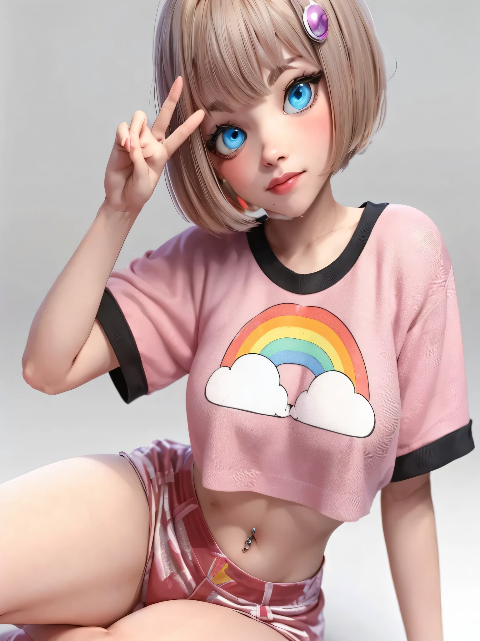 CGI panel, 4D, girl with short blonde hair, blue eyes, sitting, a mini shirt, with her belly showing, a pink mini shirt with black and short sleeves, on the shirt there is a drawing of two clouds and a rainbow in the middle, she wears a belly button piercing,she is sitting making the Victory sign with her fingers and wearing pinkish-white velvet short