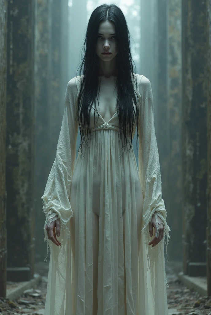 A woman with a hot figure, Long black hair covers the face, Full breasts, Wear a white transparent tunic, darkened room, Snowflakes twinkle from the TV, Climb out slowly, Reach out and grab the lens
