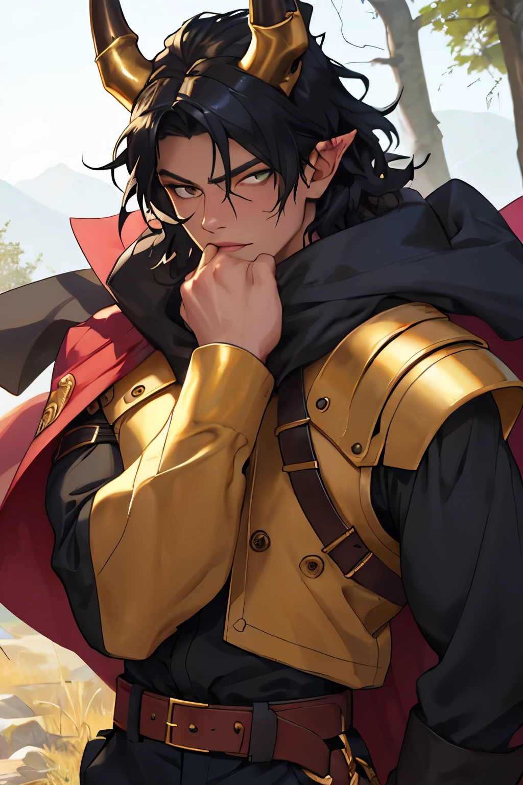 (Best quality), masterpiece, extremely detailed, 2k wallpaper, amazing, finely detail, extremely detailed, 8k wallpaper, huge file size, ultra detailed, a high resolution, extremely detailed eyes and face, beautiful detailed nose, beautiful detailed eyes, Light on your face, (1 person, mature face), realistic face, realistic body, A full body suit, posing in full height, against the background of mountains and forest, quality masterpiece, detailed eyes, ((golden eyes)), shimmering eyes, radiant eyes, detailed face, Solo, Male, Twink, Long Black Hair, Golden Eyes, Golden Curled Horns, Black Hair, Pale Skin, Pink Lips, Noble appearance, Human Face, Human, dark blue Noble Shirt, Gold Accents on Shirt, Black Trousers, Black Shoes, Black Cape over shoulders, golden shoulder tassels, Golden Buttons on Cape, Golden Chain on Cape, Red Belt, Golden Round Belt Accents, pointed ears, looking at viewer, full body view