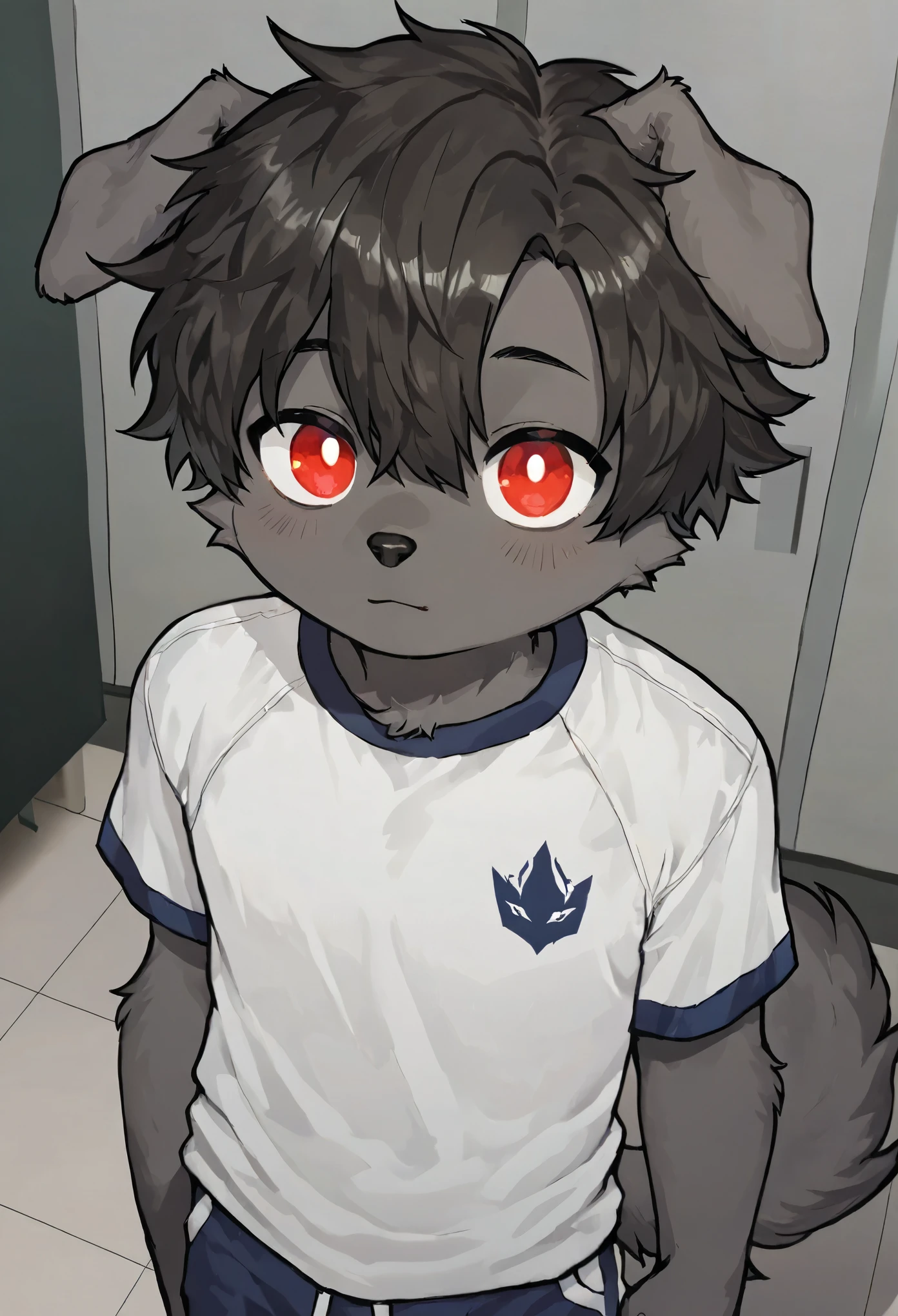  (epic, dynamic angle)top quality, best quality, High-quality , (kemono, super handsome 1boy, solo focus)(7 years old boy, furry anthro)(highly detailed beautiful face and eyes)absurdres, perfect anatomy, smile, happy, dynamic angle, Best image quality, 4K, masterpiece, Teenager, black dog boy, black fur skin, red eyes, innocent boy, Cute and soft, young, Sacred Eye, Beautiful Hair, View Lens, Face Focus, smile, Delicate facial features, Front lighting, Front light source, Portraiture, Cute feeling, Excellent posture for capturing, Portraiture, male furry cub, tail, dynamic angle, open mouth, Multiple elementary school boys, (Masterpiece and high image quality), shota, in group photograph、athletic stadium background