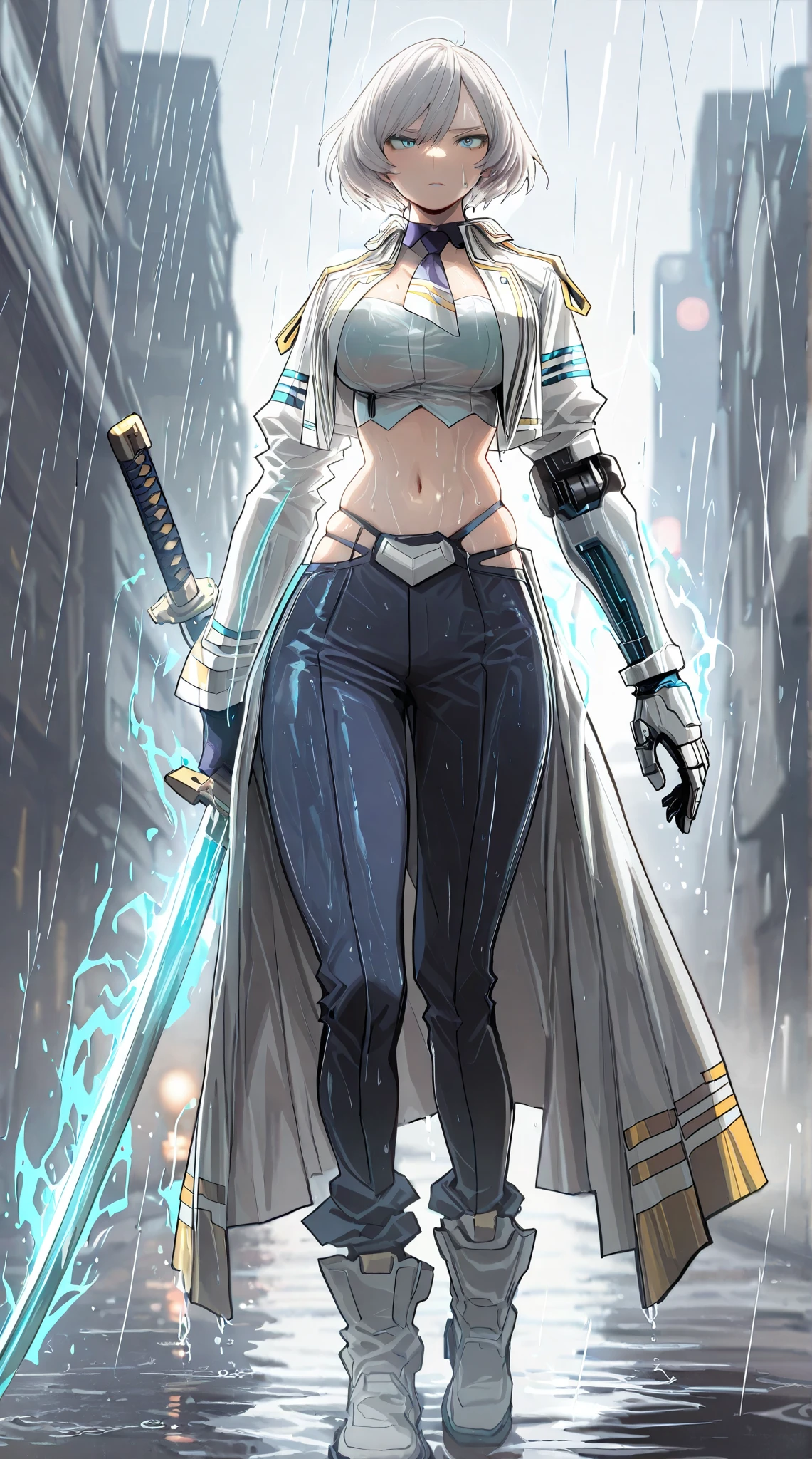 (No-kan-style:1.4), (Gogalking-style:1.2), (Kohei Horikoshi, My Hero Academia), masterpiece, high quality, absurdres, best quality, very aesthetic, newest, dramatic light, chiaroscuro technically, contrasting color, dynamic composition, anatomical correct, HD, 4K, digital art, trending on ArtStation, gasping, heavy breathing, excessive sweating, sweating, sweating profusely, gasping profusely, cinematic, ((skindentation)), ((voluptuous)), Mujina,short hair,grey hair,blue eyes,large breasts,adult,mature_female, bright pupils, (aura), (blue aura:1.2), 1girl, weapon, rain, cyberpunk, sword, solo, cyborg, full_body, katana, navel, blurry, blurry_background, , mechanical_arms, midriff, standing, outdoors, crop_top, pants, city, science_fiction, holding, breasts, holding_weapon, mole, shaded face, wet, glaring eyes