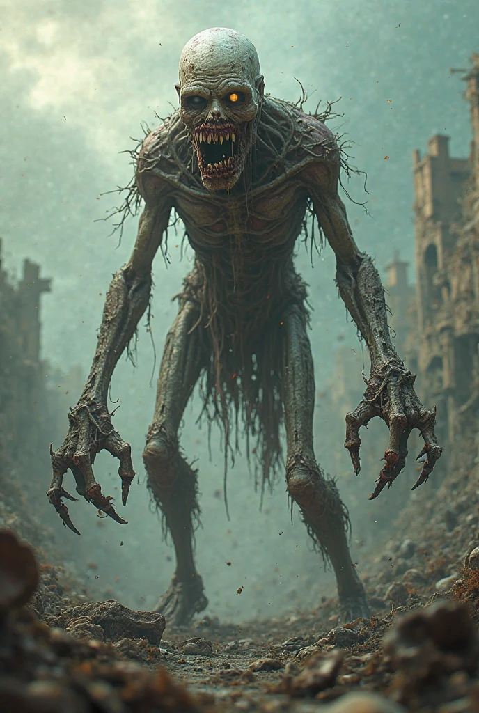massive 8 feet tall muscled bald hairless mutated semi-orc-troglodyte like human with cracked desiccated skin he has a few large organic spike protrusions made of his desiccated skin on his arms and back, ready for battle to crush his prey, (masterpiece) ( 8K resolution) low light, monotone muted colors, wide angle lens perspective distortion shallow depth of focus ultra high quality photography best quality, ultra photo realistic, ((shallow depth of field focus)) ultra high quality photography best quality, scary