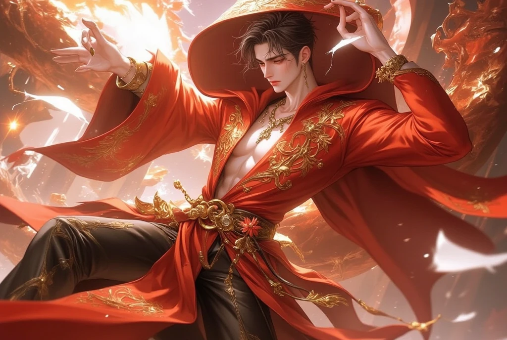 young man in ancient china,goddess,Fire Dragon, Fire Dragon Beast,Thin body,beautiful handsome face Wearing an elegant fire red outfit that showed off her waist.