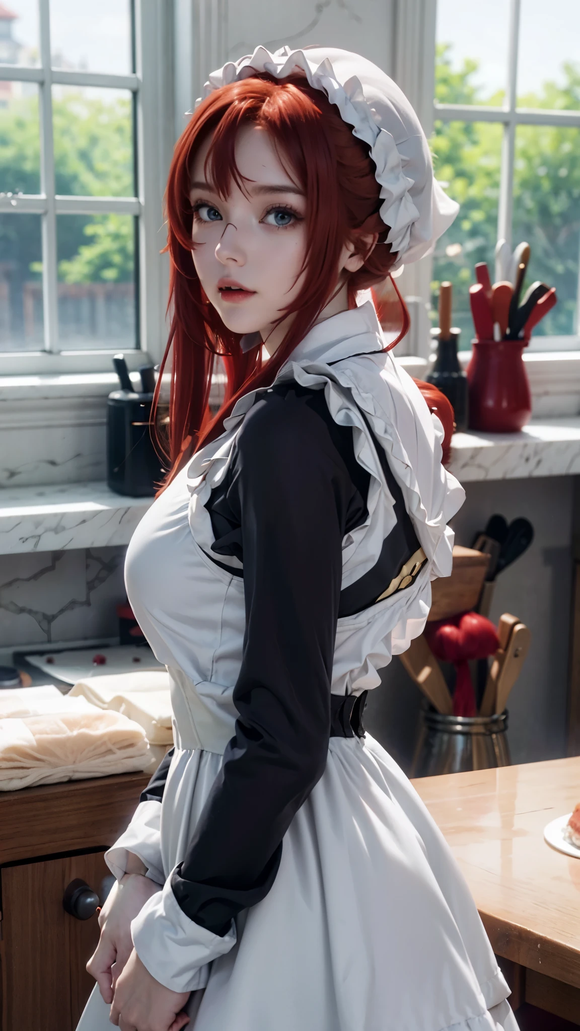 Long red straight hair, long himecut pony