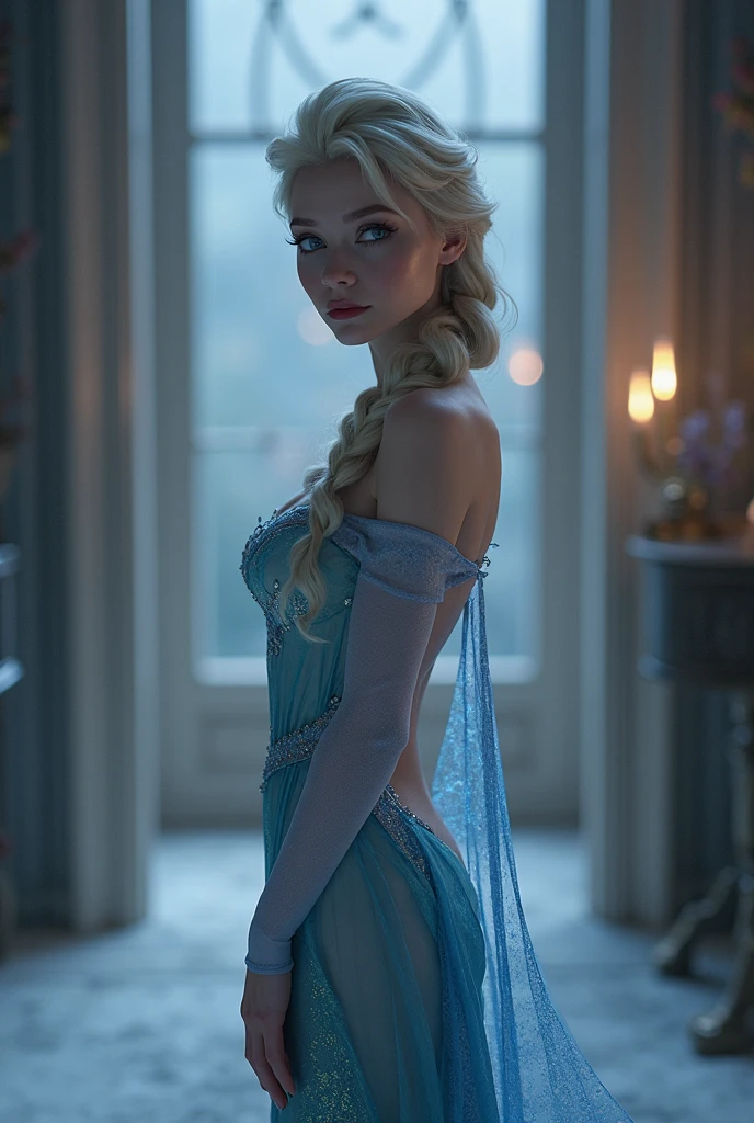 A stunning portrait of Elsa, young and beautiful, hyper realistic, real portrait, backlit, exquisite features, cleavage, Elsa is showing her vagina to Anna and asking her to lick her vagina, she is inserting his fingers in her vagina under her skirt, she is fingering her, Elsa is in ecstasy