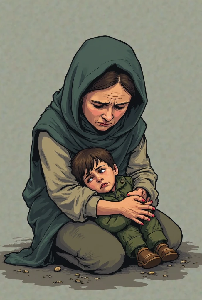 a muslim mother crying and sad wearing hijab child very sick