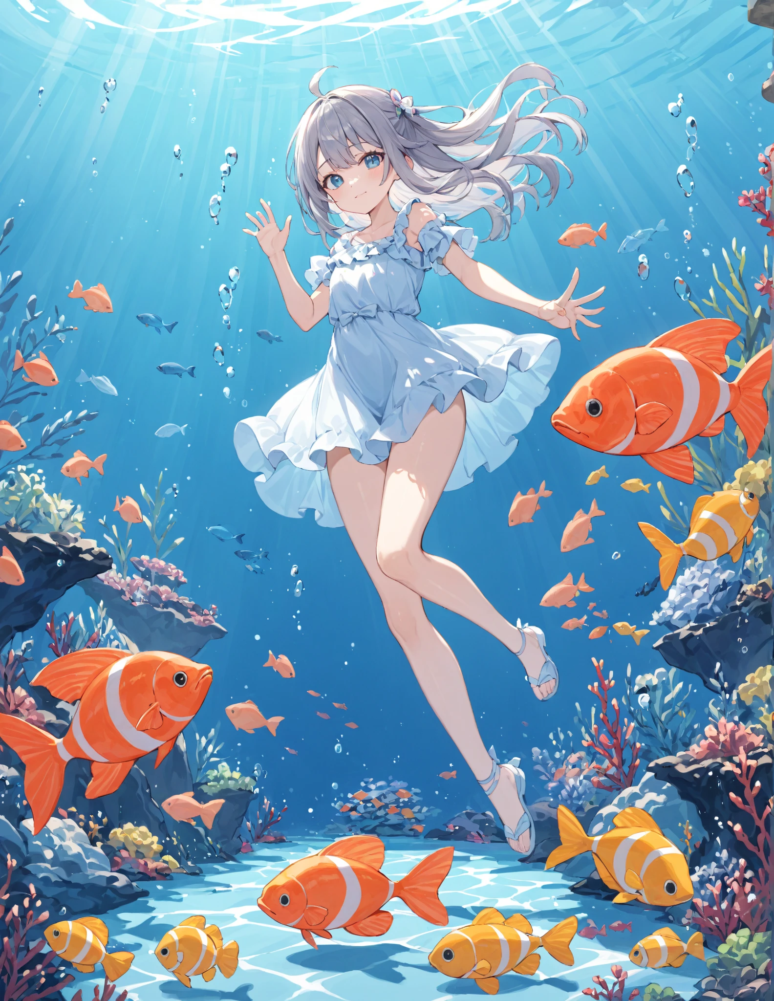 #quality(8k,wallpaper of extremely detailed CG unit, masterpiece,hight resolution,top-quality,top-quality real texture skin,hyper realisitic,increase the resolution,RAW photos,best qualtiy,highly detailed,the wallpaper),(colorful),solo, #1girl(cute,kawaii,,cosmic colored bright hair,cosmic colored eyes,big eyes,eyes are shining,cute swim wear,she is floating in the sea,full body,from side),#background(under the beautiful sea,beautiful fishes ,beautiful shells,many small bubbles,dynamic angle),please draw hands correctly.