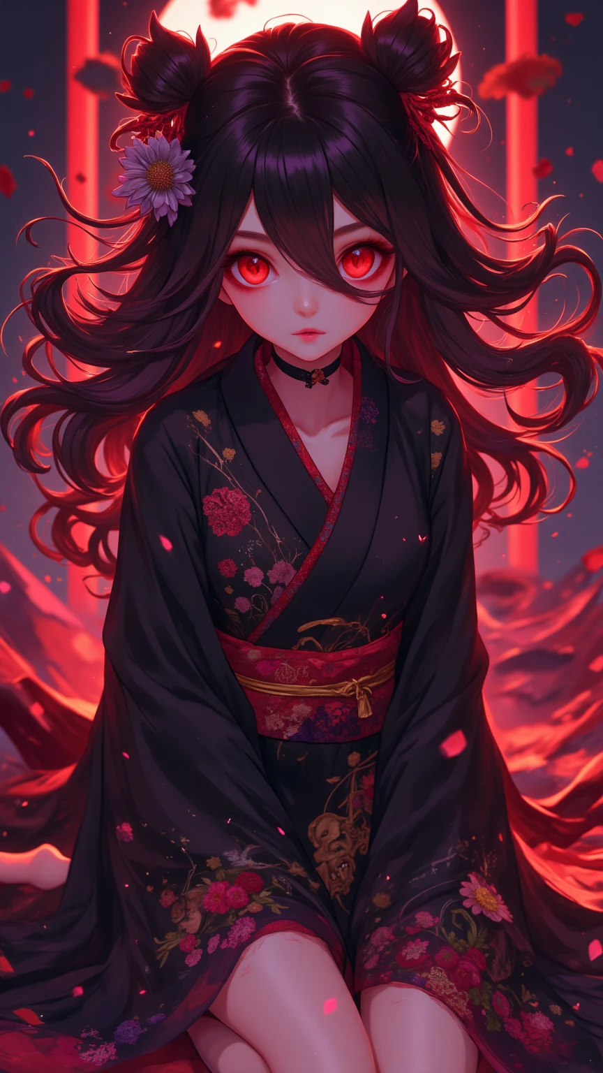 ((((Magister premier auflatif, Titan Ecran Star, hyperrésolution ultr focused)))), 1girl, sitting, ((black hair, white bindings on forehead:1)), short black hair, pale skin, ((red eyes), (red glowing eyes)), (((ultra detailed face, intricately designed red eyes:0.8))), ((three-quarter turn)), close-up, facing viewer, (((indoor, candlelit, dimly lit delicate shadows:0.9))), ((CURVED figure, masterfully designed Kimono)), looking below, ((tilted head), (((coy smile))), (((graceful hands)))), 28 years old, kimono, absent-minded, (((melancholic style)))