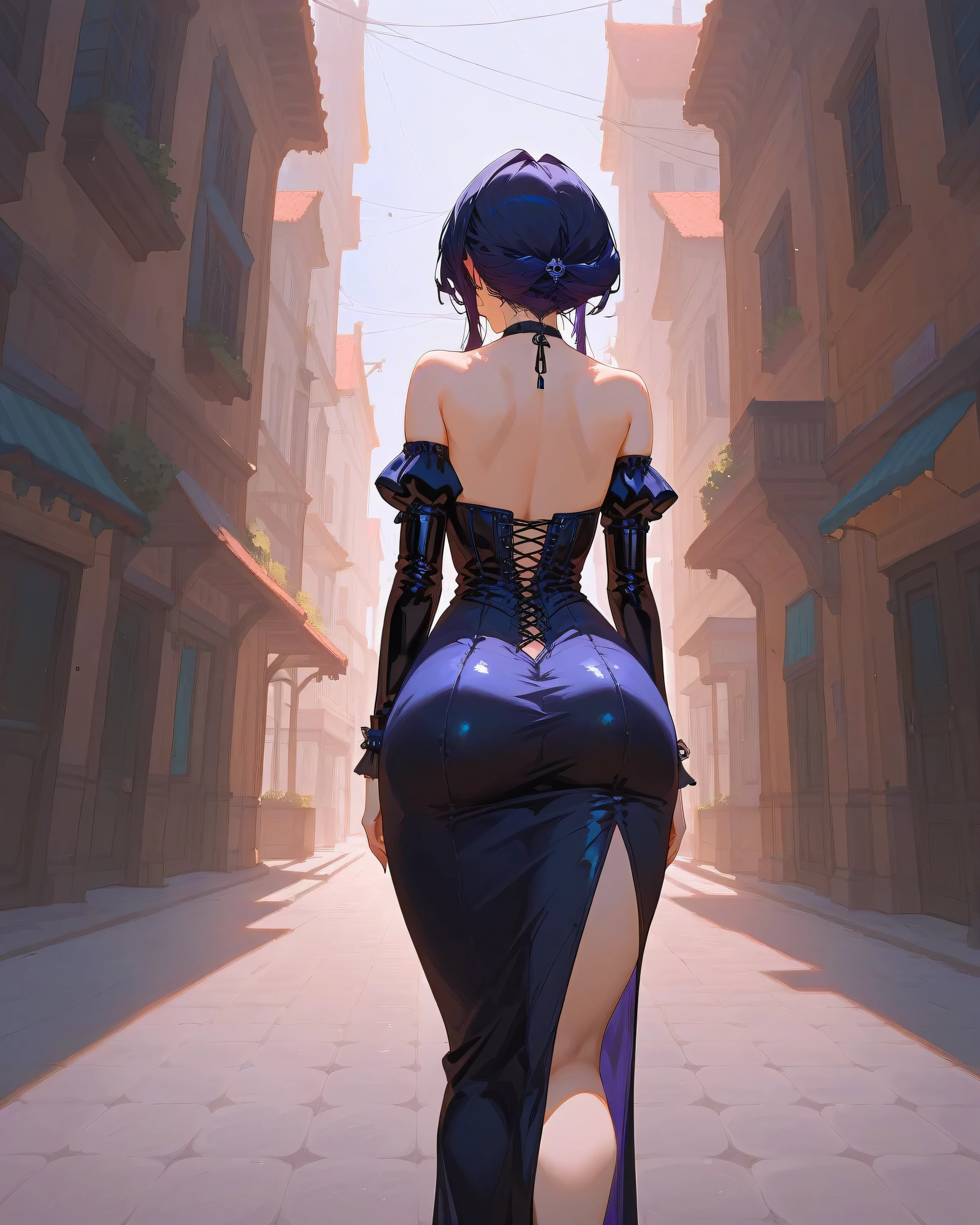 (gothic women), 25 years old, Best quality, score_9, score_8_up, score_7_up, textured skin 1.8, blushing deeply, extremely detaild, shapely body, in a sexy pose, on her knees, back view, thick thighs