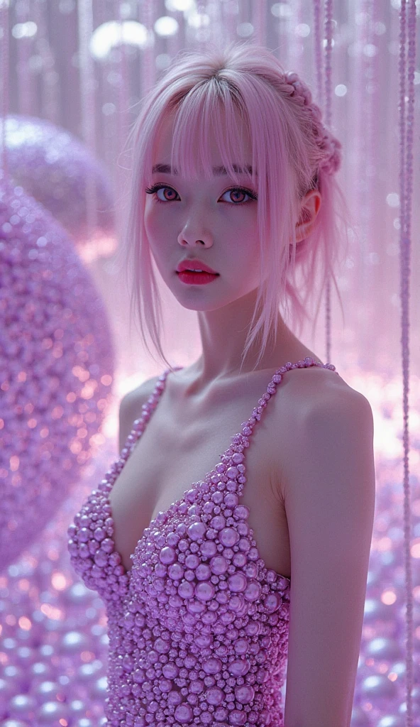 Dreamy atmosphere, High Contrast, Ultra Sharp, Studio shot、Upper body portrait、Angle from below、(Tiny glitter pink Bikini:1.4), (Big and ample breasts:1.4), Focus on the chest、Slim Body Enhancement、Realistic、Realistic、Highly detailed cute girl、alone、18-year-old、Japanese、Melancholic expression, Big and ample breasts、pink Hair、Medium bob cut hair, vivid multicolor wallpaper for background、Out of focus、Blur、
