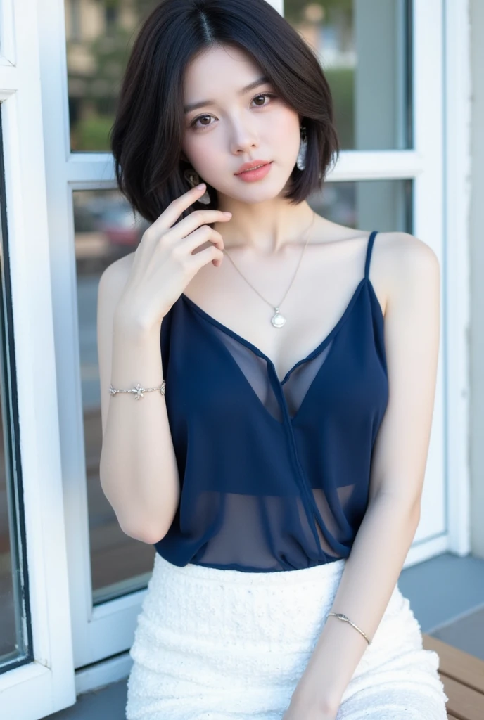 (masterpiece:1.3), (8K, Photorealistic, Raw photo, Best image quality: 1.4), Japanese 、Take a full-body photo,Trendy clothes、Cute costume,Fluffy short hair,crystal,Natural color lip,(Random Hairstyles:1.2)、Cleavage:1.2、Super detailed face、Attention to detail、double eyelid、Put your chest together、Sharp focus:1.2、Beautiful woman:1.4、Black Hair、highest quality、masterpiece、超A high resolution、(Photorealistic:1.4)、Highly detailed and professionally lit smile、