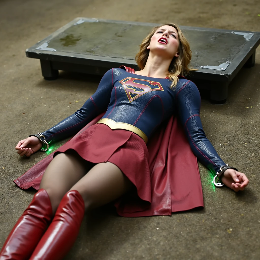 HD, Masterpiece, (((super detailed face))), (very beautiful face), 1 woman in a superman costume laying on the floor, very beautiful supergirl, super photo realistic, super photorealistic, visual of super girl, a little torn super girl uniform, ((full body shot)), 4k, (((eyes closed))), (sleep), (Unconsciousness), (painful:1.1), ((Lying down on the back on the floor)), (backdrop with ruin),(Torn black pantyhose:1.6), (Red long boots:1.4), (flipped up skirt:1.3), ((Show underwear)), (can see panties), (semen on forehead), (semen on cheeks), (semen on chest), (semen on skirt:1.4), (((plenty of semen on legs:1.2))),