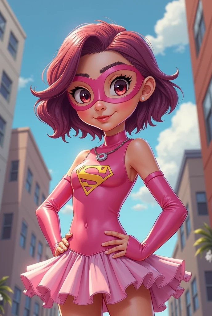 Superhero girl with a pink, purple, and gold cat costume