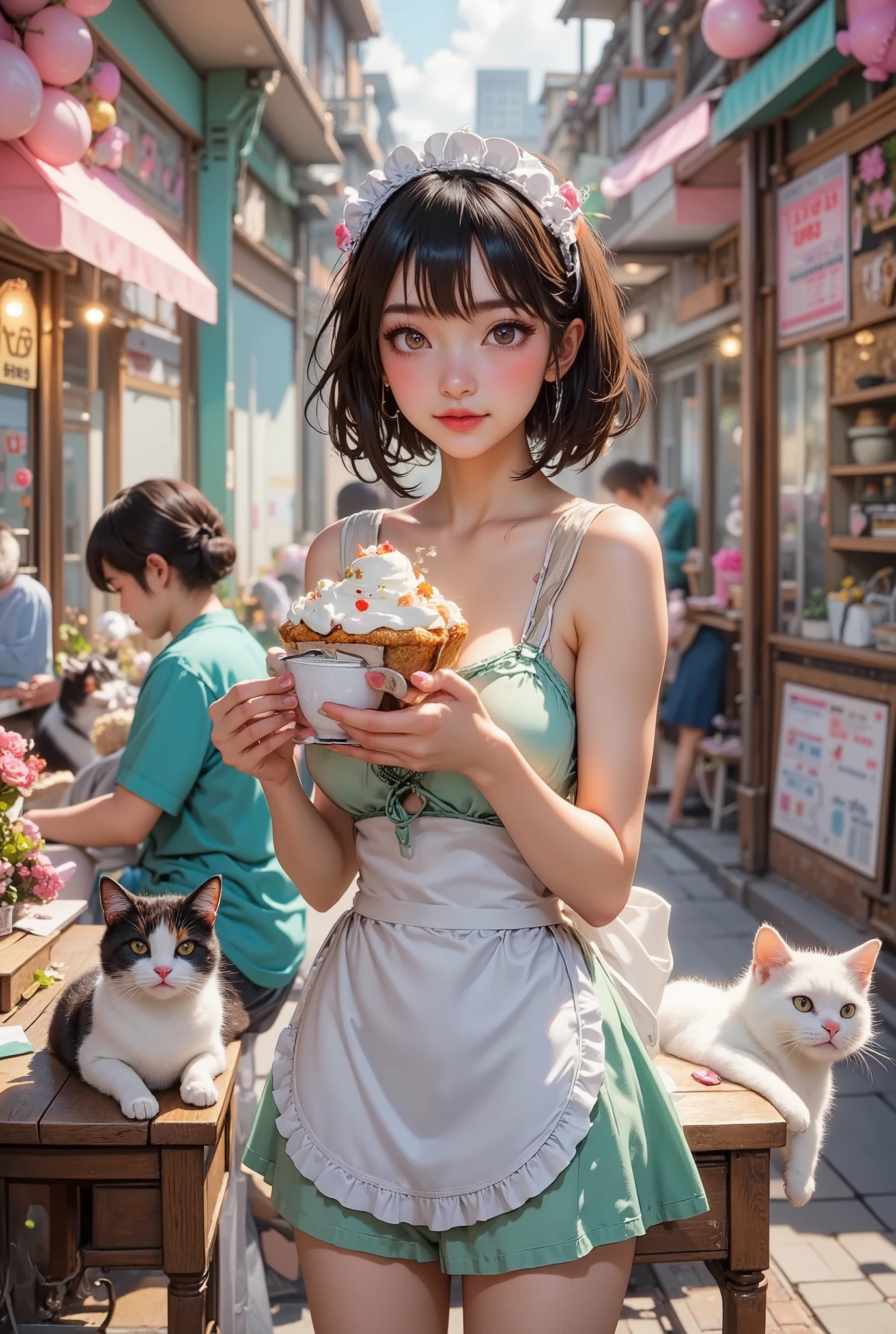 score_9, score_8_up, super realistic depiction, high resolution, masterpiece, highest image quality, high definition, 4K quality, 8K quality, beautiful girl, japanese, twenty years old, sexy maid, (((brown hair))), short hair, white headband, (((smile shyly:1.6))), stare, long eyelashes, (((big brown eyes))), blush, pink lip, (((tilt one's head:1.4))), (((mint green and white french maid costume:1.4))), (((holding cake and coffee cup in hand:1.4))), (((Pastel colored maid cafe:1.4))), (((Inside the store is lively with female customers))), (((A calico cat and a white cat are lying down))), chandelier