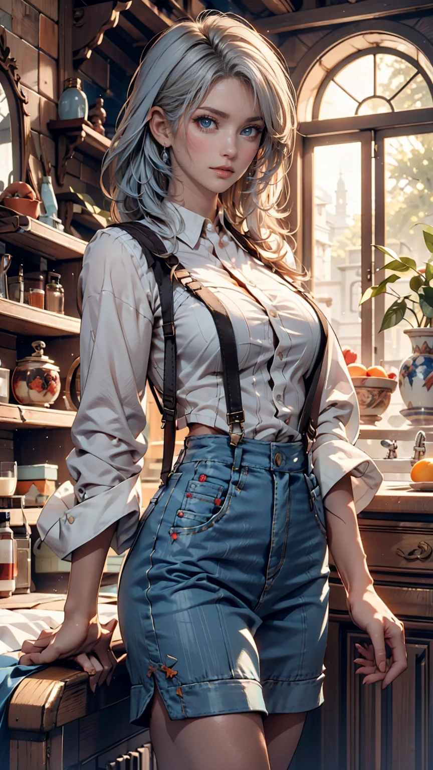 Full body of a Syrian WOMAN, blue curly hair, ponytail, white button up and baby blue pleated skirt, wear suspenders, big boobs, angry look, looking at viewer, in the bedroom , natural skin texture, 24mm, 4k textures, bright cinematic light, RAW photo, photorealism, photorealistic, intricate, elegant, highly detailed, sharp focus, ((((((cinematic look)))), soft tones, insane details, intricate details, hyperdetailed, low contrast, soft cinematic light, bright colors, exposure mix,  hdr, full body head to toe, wearing choker, thick thighs, over the knees socks