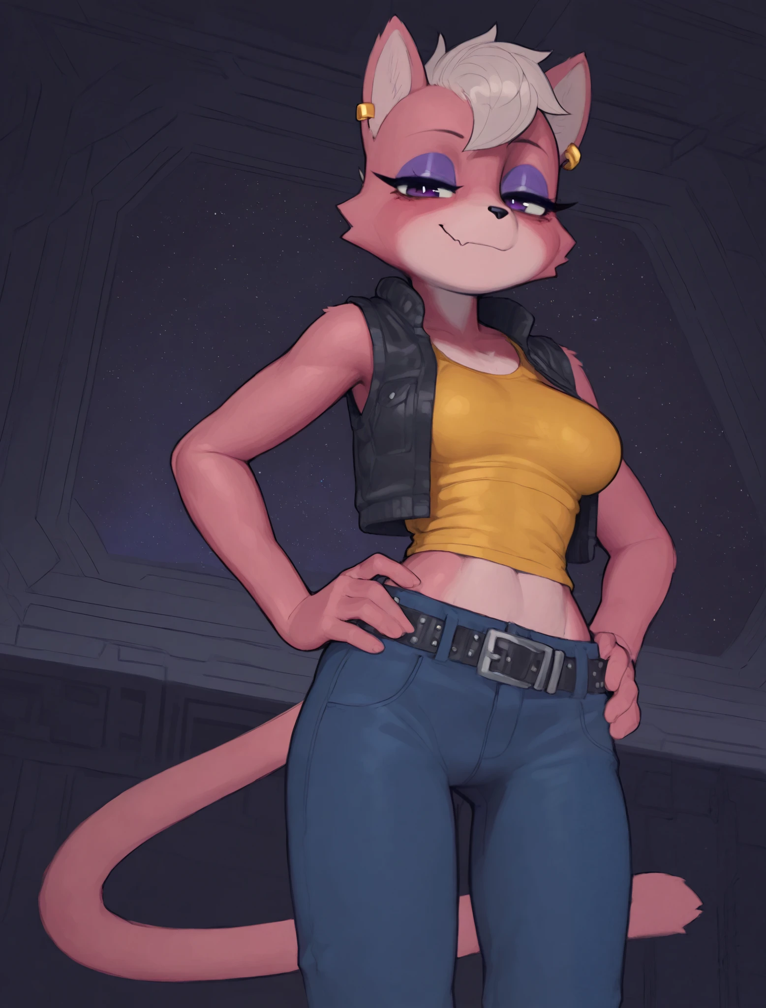 (Female anthro cow), Tomboy, pretty face, human nose, space station background, thin body, slim, fit, cow horns, dark blonde hair, tomboy pixie cut, blue eyes, huge breasts, adjatha, utility belt, cropped jacket, black tanktop, jean pants, SFW, buff, muscled, bodybuilder
