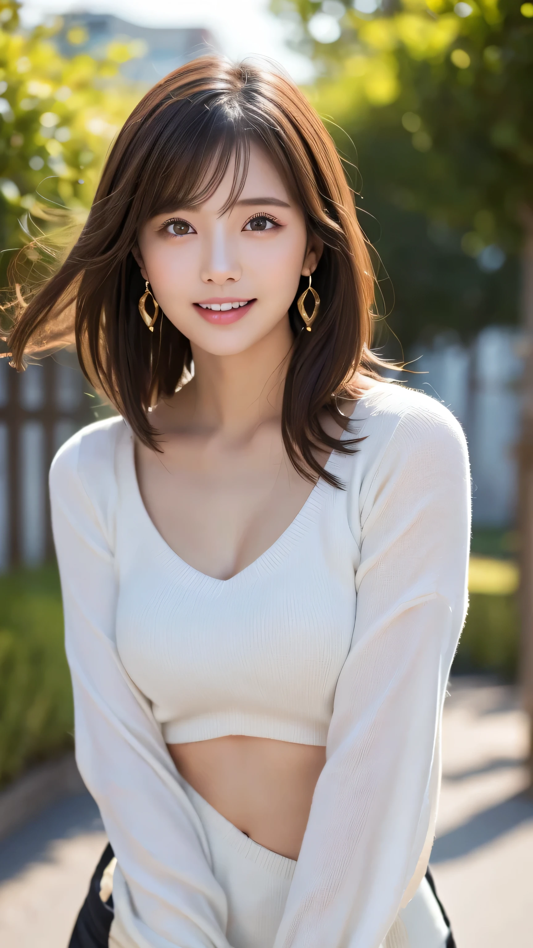((((top-quality))))、(((Ultra Precision CG16K Wallpapers)))、(((masterpiece)))、(((ultra-detailliert)))、(((Ultra-extreme details)))、One woman、a matural female、a 25yo woman、((Korean Face))、((extremely beautiful face))、((Korean Idols:1.8))、((medium cut、curly hair:1.2))、(shinny hair)、Bangs up to the eyebrows、Beautiful brown hair、Beautiful delicate eyes、Brown eyes、lofty nose、small nostrils、seductive lips、slightly open mouth、Beautiful breasts、C-cup size breasts、cleavage of the breast、Plump body、perfectly proportions、perfect anatomia、Beautiful and detailed shading、Beautiful natural lighting、Beautiful detail glow、depth of fields、(((a high chroma)))、((realisitic:1.9))、((Vivid:1.4))、((Beautiful skin))、((Skin texture))、((Realistic skin feeling))、perfect-composition、((a closeup))、((Angle of view from the front))、((a smile:1.2))、(Eyes looking at me)、Bright sunshine、((a park:1.2))、(Blur the background)、((Khaki blouson、Wearing a white V-neck shirt:1.5))、(a necklace)、