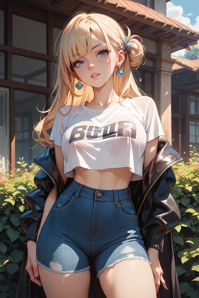 (1girl), medium breasts, tan, dewy skin, sweaty skin, wavy blonde hair, punk tshirt, punk girl