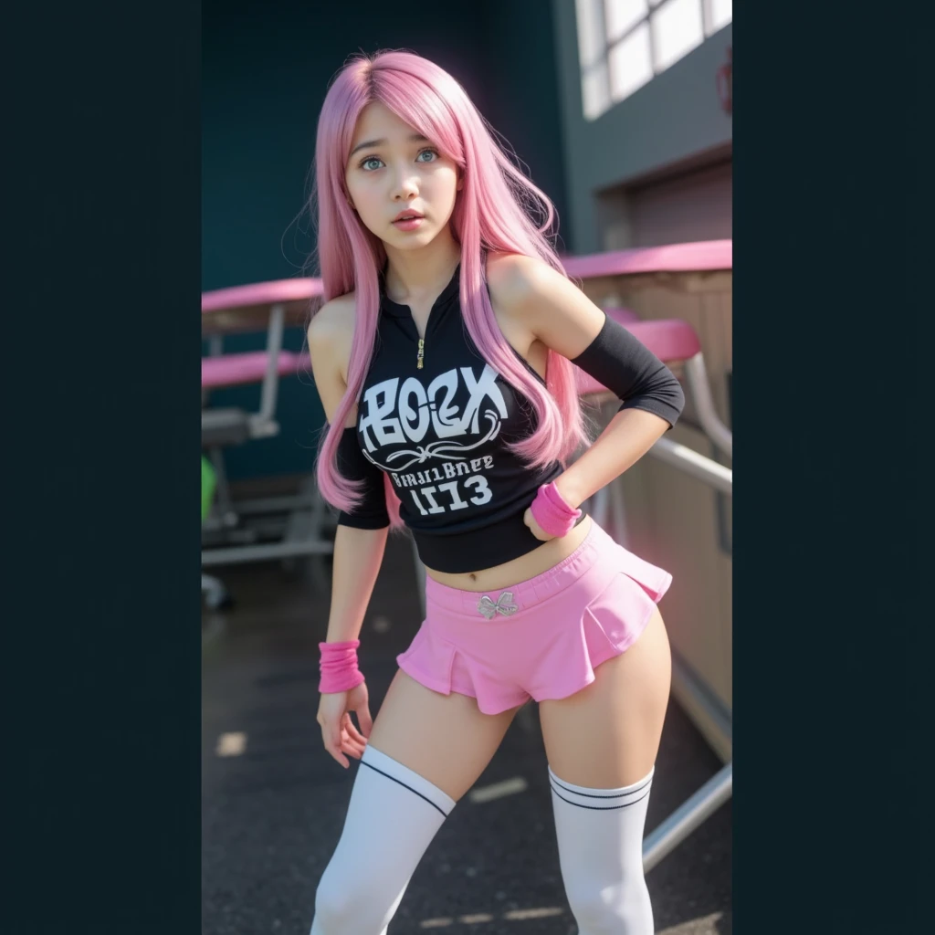 Masterpiece, Detailed, High quality, (absurdist), High Sharpness, High resolution, maiddoll, 1girls, Solo, light pink hair,team rocket,team rocket uniform, red letter R, white skirt,white crop top,black thigh-highs, black elbow gloves,lifting skirt,cleavage,1girl,panties visible, pink panties, medium , medium breasts, ahegao,