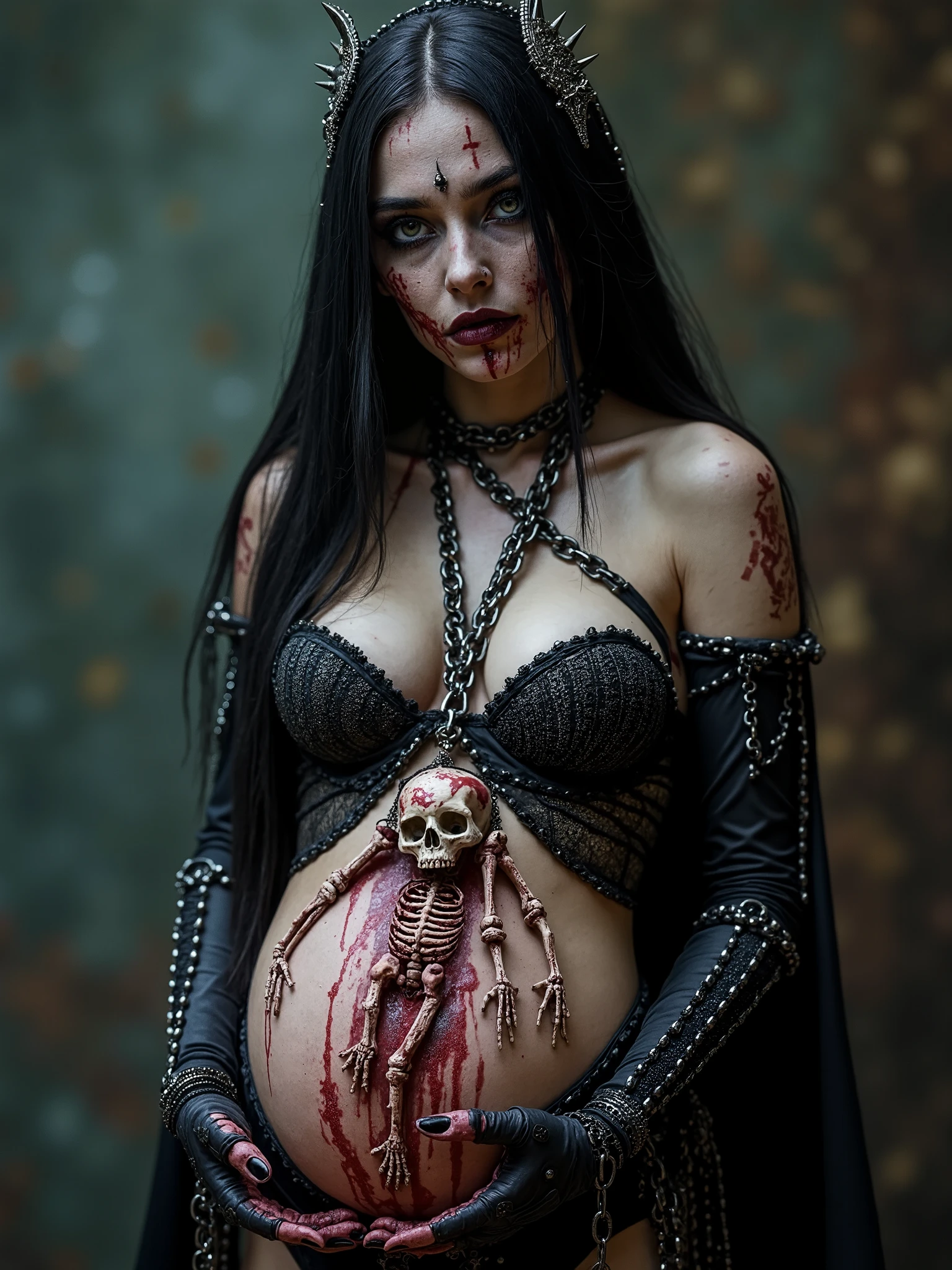 Beautiful Female cosmic necromancer with half rotten face,entity,necromancer warrior queen, Lilith dressed seductive and sexy,chain dress,satanic occult ambiance,half nude,spilled with red and black goo,dark makeup,dark surrealism,dark realistic photography, dark occult art,melancholic dark art, surreal dark art,realistic look,bone and metal chains armour, with spikes on the wrists and chain hooks,cosmic background,nude dark art,death and darkness, skeleton hanging From her open belly,vomb