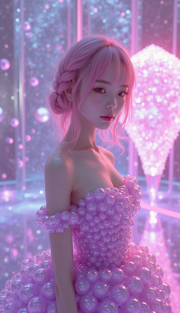 nsfw,Highest Quality, Highest image quality, RAW Photos, Realistic, Photorealsitic, ultra detailed and beautiful, highest details, ung girls, good-looking, Beautiful fair skin and luster, Beautiful eyes are big and bright, Small mouth and thin lips, hijabi, Goodness of style and slenderneseautiful big breasts:1.3), She has a cheerful personality and a cute smile......, Natural makeup, Pearl Pin Cripantasy see-through costume with cute details and wide breasts:1.5), Cute s, beautiful girl illuminated by seven colors of light, Irridescent color,