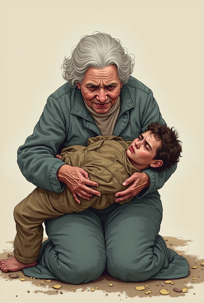 A grandmother with a loving face, holding a crying child in her arms, trying to protect them while the house is on fire, sitting on the floor.