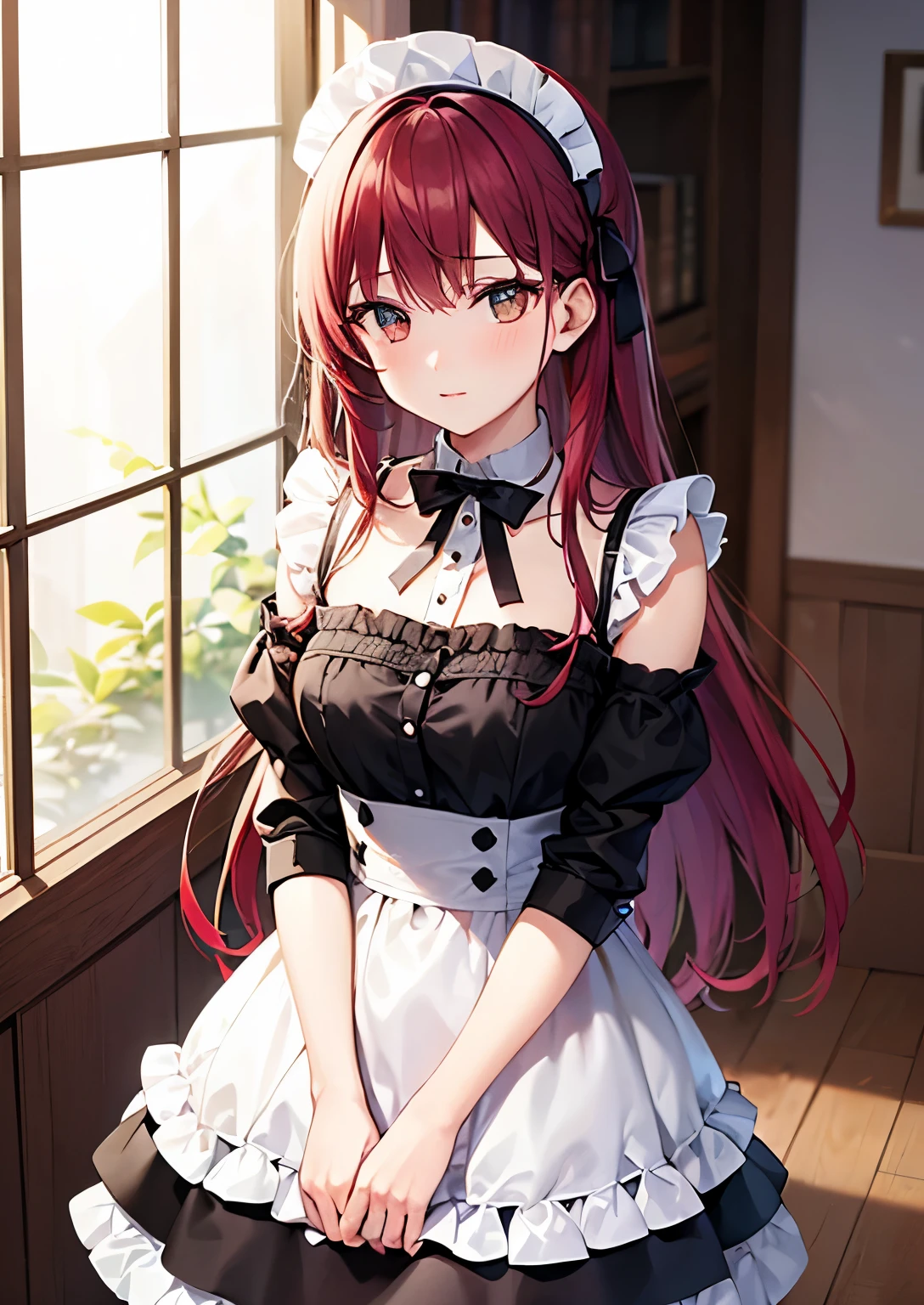 itsukinakano, Itsuki Nakano, bangs, blue eyes, hair between eyes, Ahoge, redhead, star \(symbol\), blush,embarrassing,hair ornaments,long hair,short braided hair, star hair ornaments,she was wearing a maid long skirt, shoulders, , white stockings on her legs, lift the long skirt with both hands,
break indoors, coffee shop,
break (masterpiece:1.2), highest quality, High resolution, unity 8k wallpaper, (figure:0.8), (detailed and beautiful eyes:1.6), highly detailed face, perfect lighting, Very detailed CG, (perfect hands, perfect ),