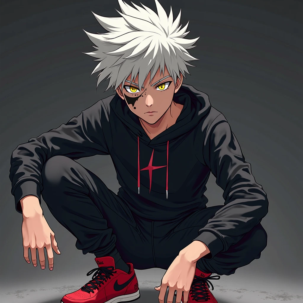 killua zoldyck, fullbody, hiphop clothes, baggy, perspective, detailed face, detailed hands, jordan 1 shoes.