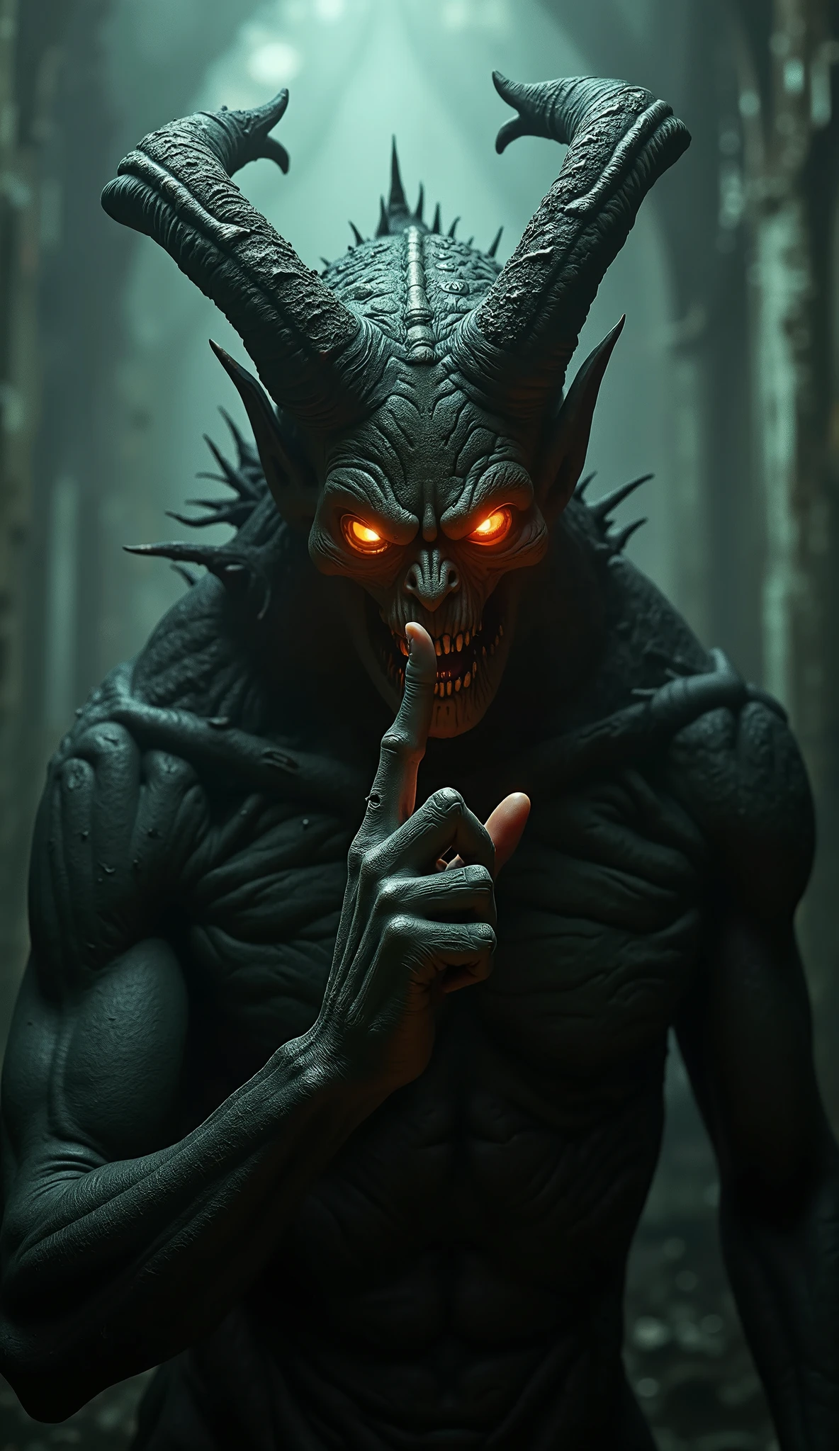 fictional scary and provocative sexy male creature with glowing white eyes has a scary smile with sharp teeth has a fit athletic physique wears no shirt is holding a knife , in the bedroom scene of cumming at night , light coming through the window , from front view , 4K , best quality , high détail , Masterpiece artwork