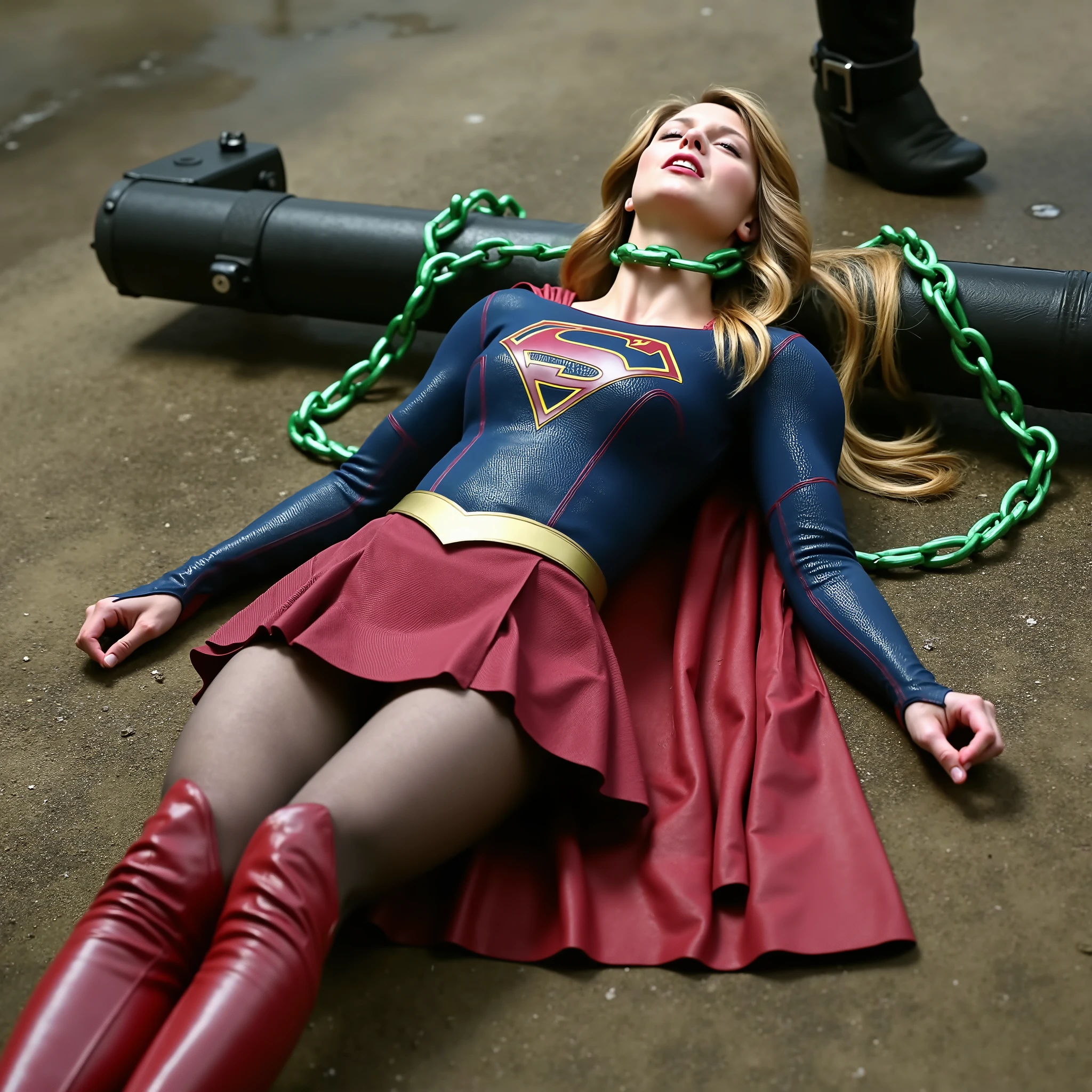 Melissa Benoist as Supergirl, the Supergirl lie flat on the ground, her hands is handcuffed behind her back with chain, a green lighting chain around her neck, She is wearing a Supergirl costume with red skirt, pantyhose and red knee height boots, she is screaming in pain, bright spotlight focus to her body, in the jail,