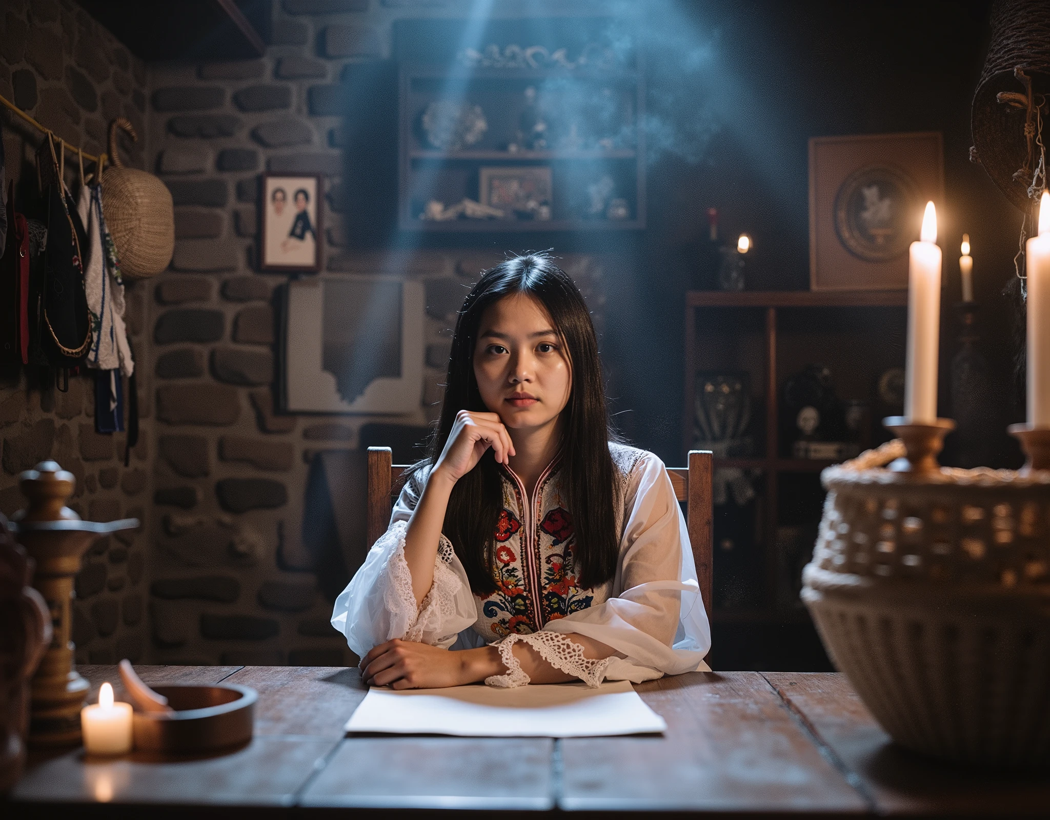  A professional photograph of a woman sitting at a rustic wooden table in a dimly lit, mystical room. She has long, straight black hair, warm brown skin, and deep, expressive eyes. She wears a traditional white dress adorned with intricate floral embroidery in red, blue, and yellow, featuring semi-transparent long sleeves with delicate lace cuffs. Her posture is relaxed, with her elbow resting on the table and her hand gently supporting her face, while her other hand holds an aged piece of parchment. She gazes forward with a serene and enigmatic expression. The background is an old, rustic interior with stone walls, wooden shelves filled with framed photos, candles, and artifacts. Traditional garments hang on the walls, and a woven basket is suspended from the ceiling. The lighting is dramatic and atmospheric, with beams of cool blue light streaming in from above, cutting through a smoky haze, creating an ethereal glow. Warm candlelight flickers on the table, casting a golden hue that contrasts beautifully with the cooler tones of the ambient light. The setting feels intimate, mysterious, and steeped in cultural significance, evoking a sense of storytelling and deep tradition. The image is hyper-realistic, with a cinematic and artistic composition, capturing a moment of quiet contemplation.